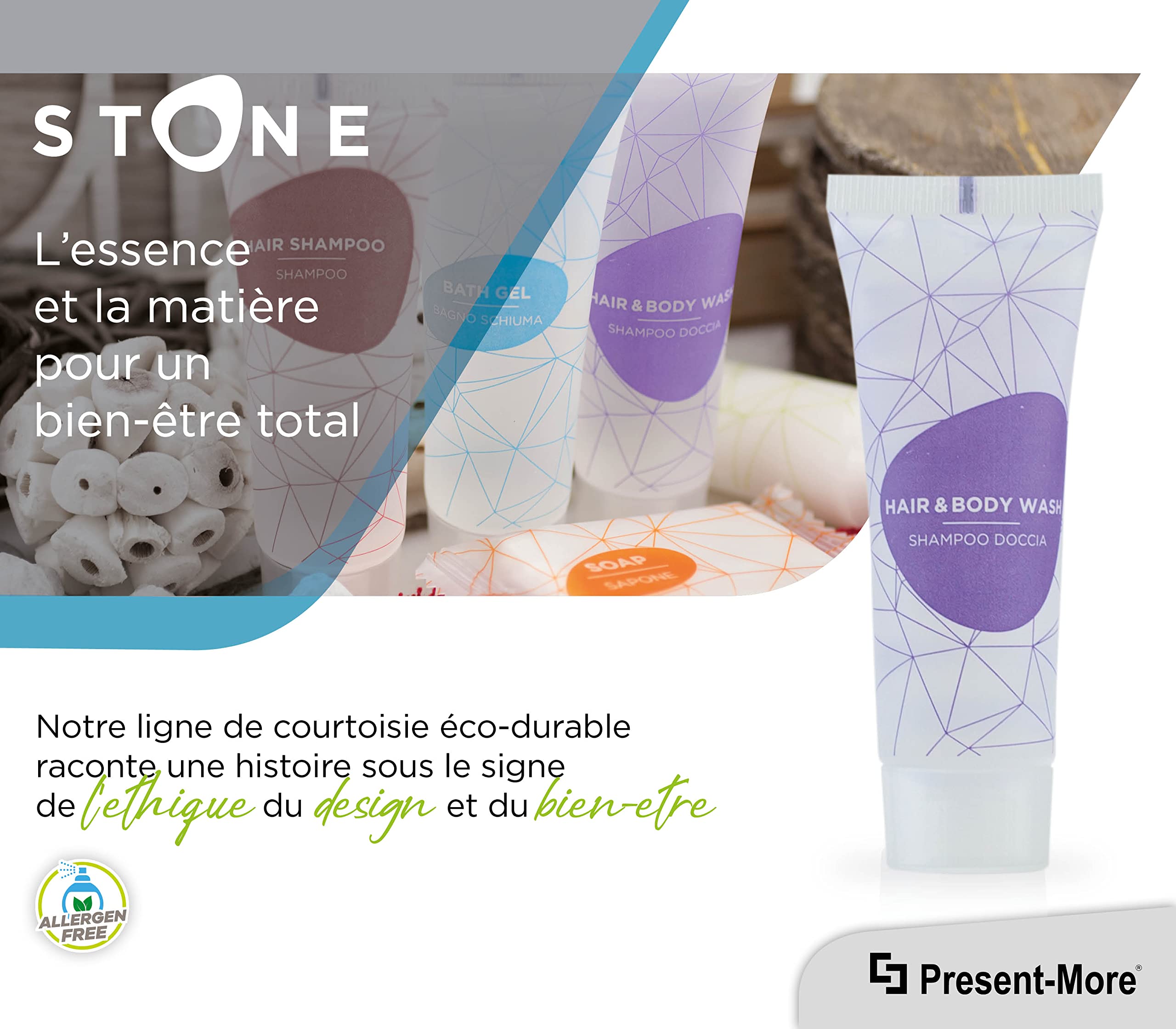 PRESENT-MORE - Shampooing Douche Monodose 30ml Stone - Paquet de 125 Pièces - Shampooing Douche Sans Allergènes - Parfum Relaxing - Idéal pour Hôtels et B&B