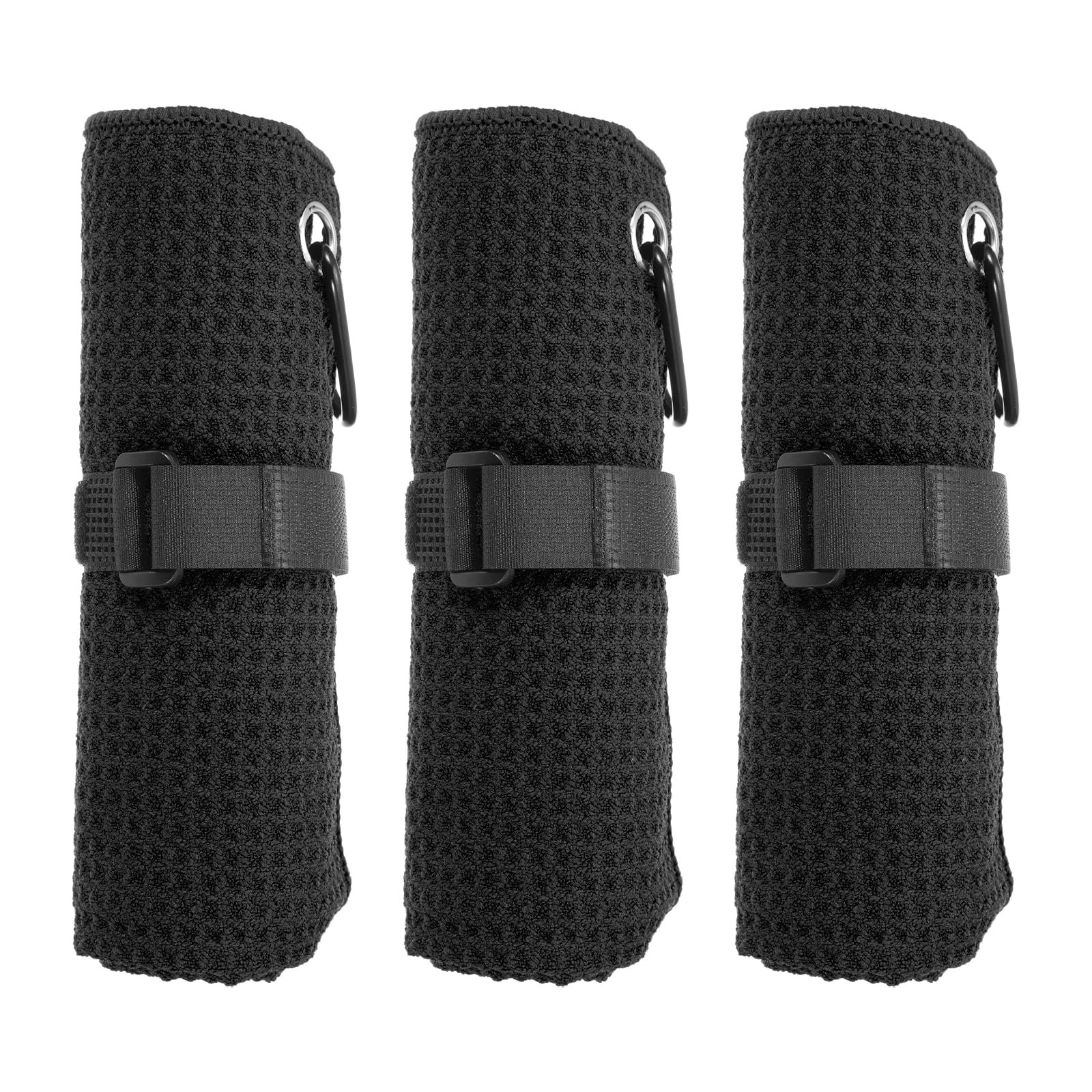 PATIKIL 20"x16" Microfiber Golf Towel, 3 Pack Tri-Fold Golf Towels Waffle Pattern Towels Absorption with D Clip, Hook and Loop Fastener, Black