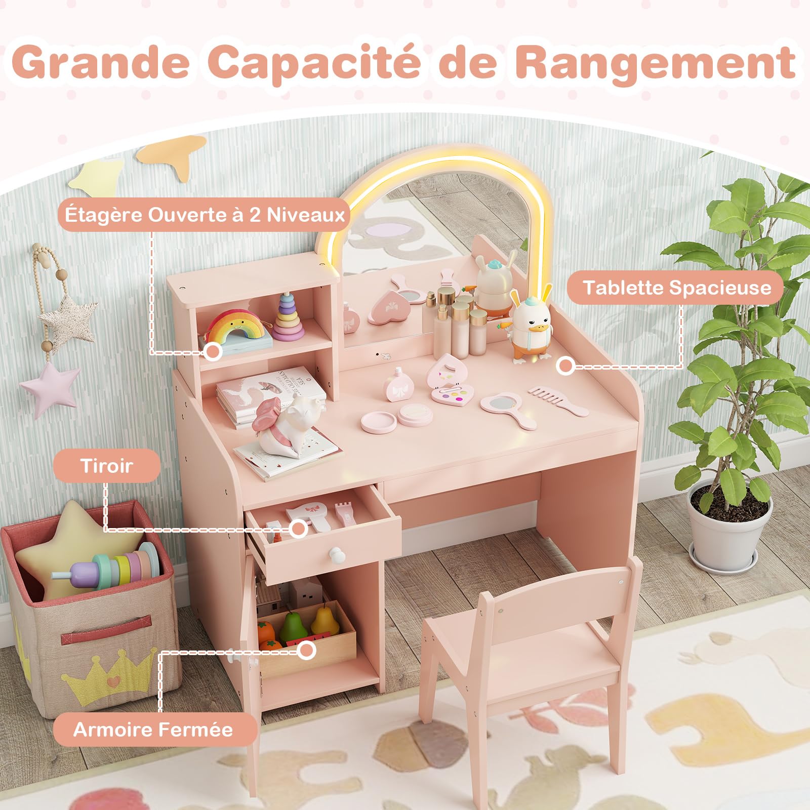 COSTWAY 2 en 1 Bureau Enfants avec Chaise & 120 Lumières LED, Coiffeuse Enfants Fille avec Miroir Acrylique, 2 Etagères & Tiroir, Dispositif Anti-basculement, Charge 50kg pour 3 Ans+ (Rose Clair)