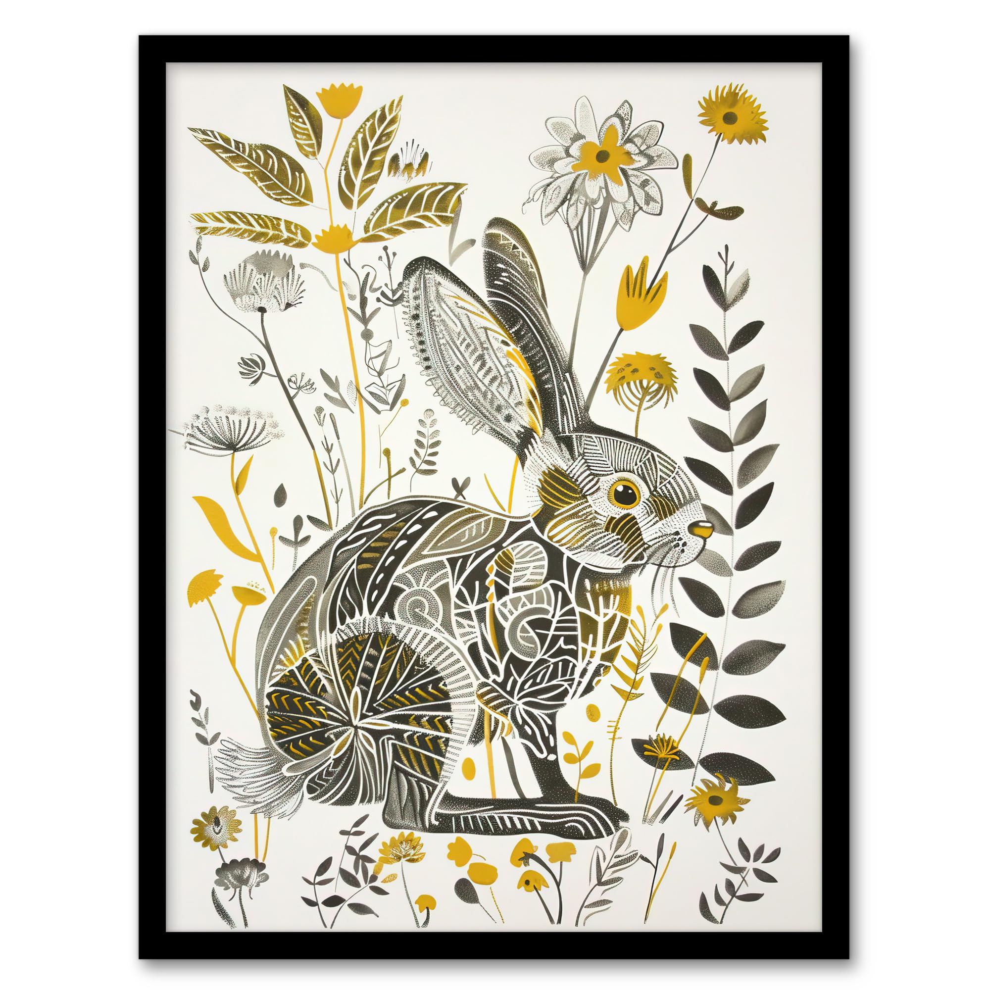 Artery8 Framed A4 Bunny Rabbit Flowers Yellow Grey Bright Folk Art Living Room Artwork Framed Wall Art Print A4