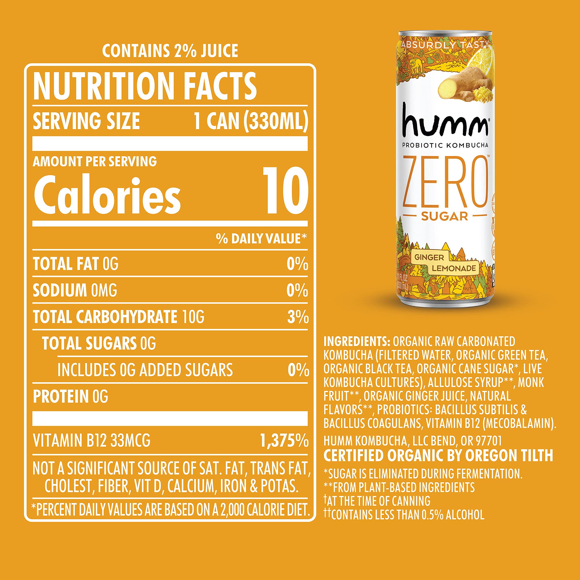 Humm Probiotic Kombucha Zero Sugar Ginger Lemonade No Refrigeration