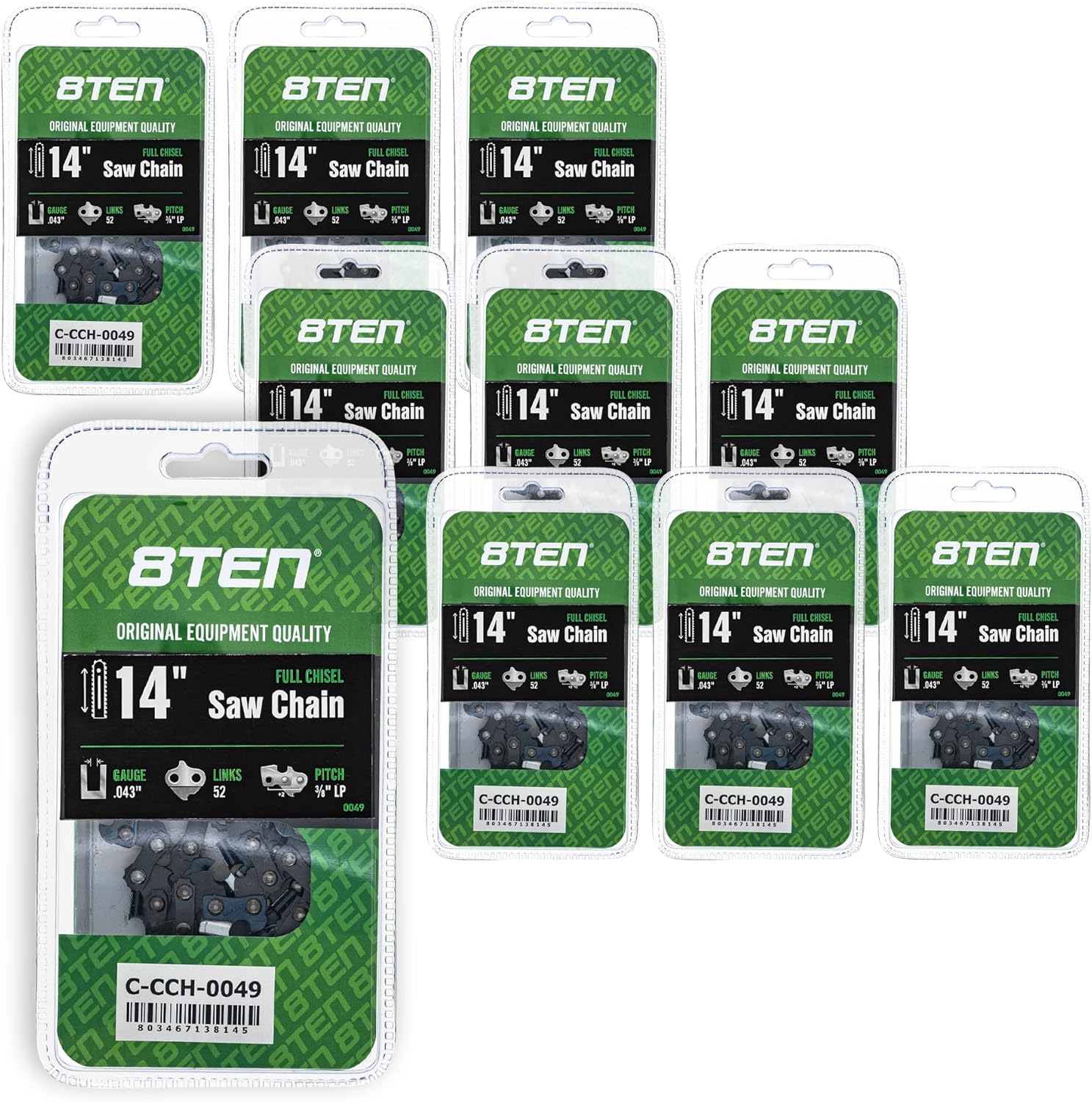 8TEN Full Chisel Chainsaw Chain 14 Inch .043 3/8 LP 52DL for Poulan Ryobi Remington (4 Pack)