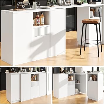 ModernLuxe 360  Swivelling Bar Table, Breakfast Bar with Open Storage Space and Marble Worktop, Modern and Sleek Design, Innovative Kitchen Islands, Suitable for Dining Room, White, 198.5x30x75cm