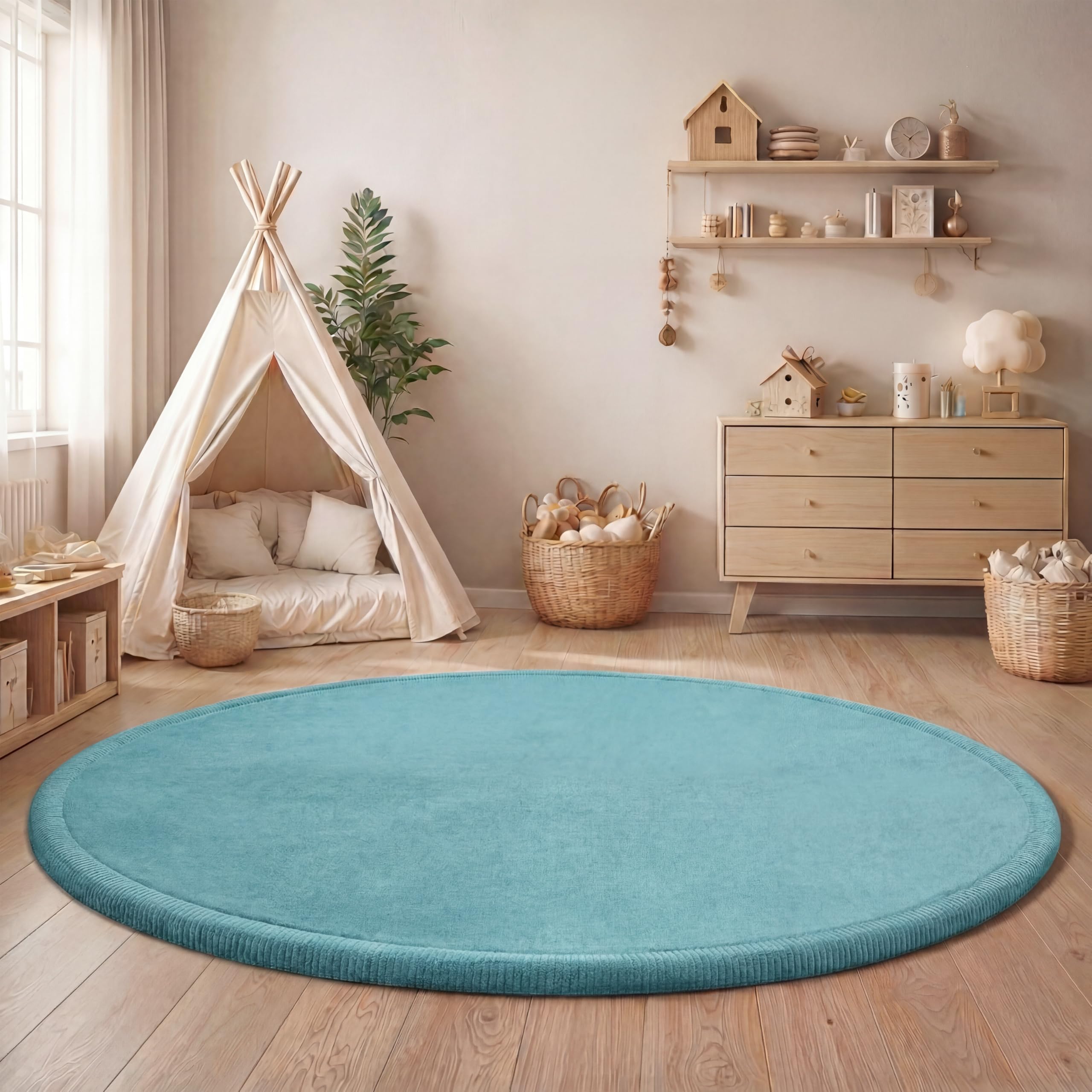 Paco Home Teppich Kinderzimmer Kinderteppich Baby Spielteppich Krabbeldecke Krabbelmatte Weich rutschfest Jungen Mädchen Deko, Grösse:200 cm Rund, Farbe:Blau
