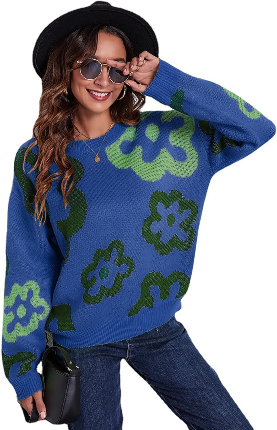 Angashion Women Long Sleeve Sweater - Fall Casual Crewneck Knit Tops Floral Print Cute Loose Pullover Jumper - Image 7