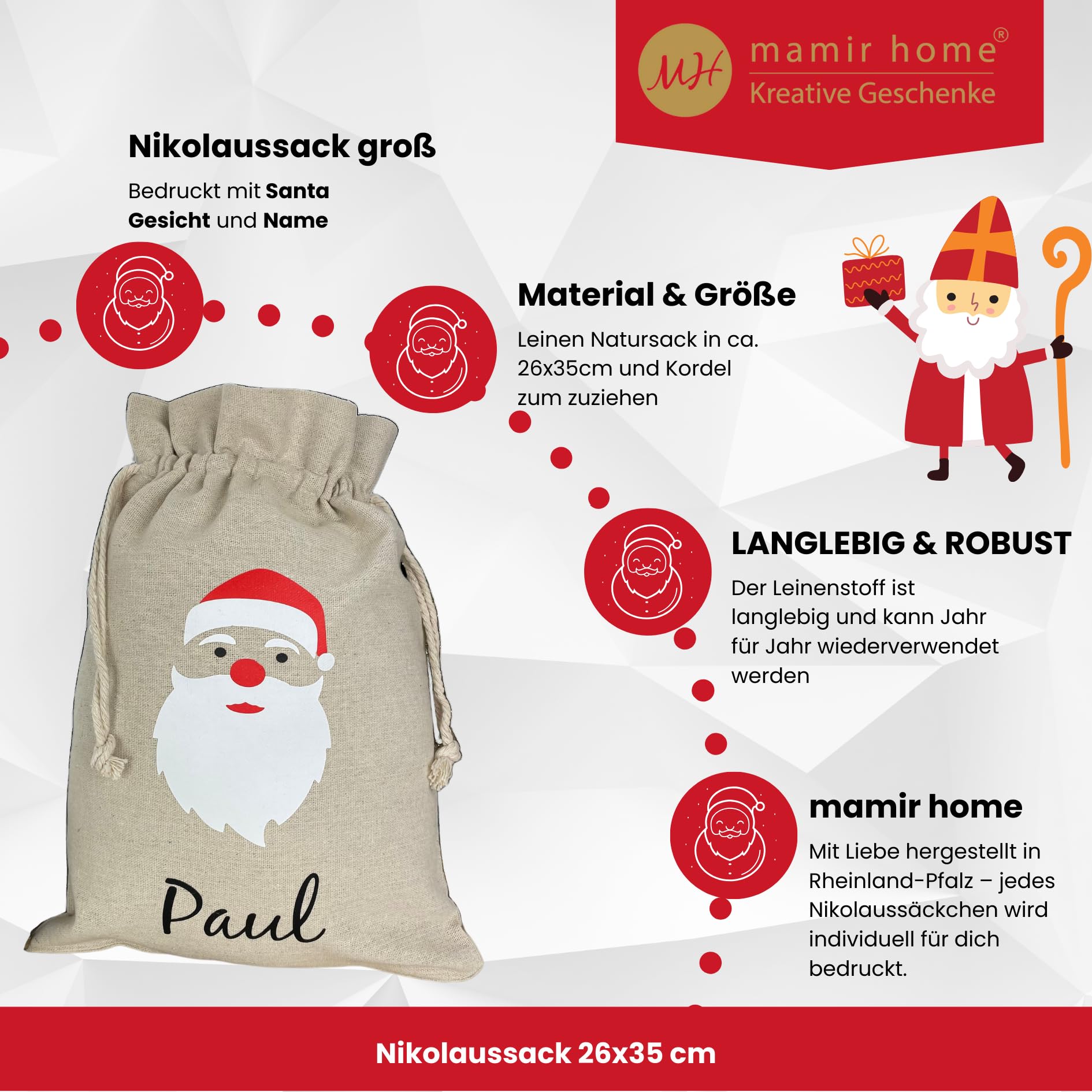 Personalisiert Weihnachtsmann-Sack Aus Sackleinen – Größe L, Mit Foto, Kordelzug, Natur