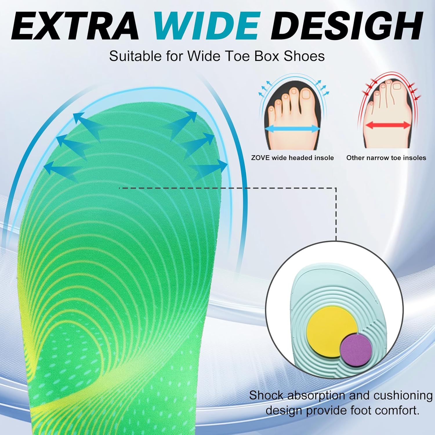 ZOVE Plantar Fasciitis Insoles for Unisex Extra Wide Width Shoe Insoles Arch Support Orthopedic Shoes Damping Apply Work and Sneakers 8833 Green 40-41 - Image 2