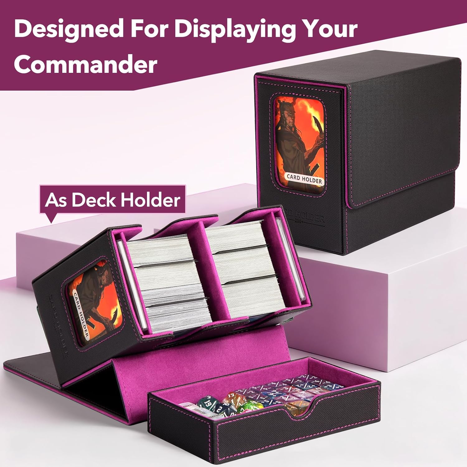 MTG Deck Box,Commander Deck box,Double Storage Box with 2 Commander Display & 1 Removable Dice Tray, Fits 200+ Double-Sleeved Card Storage.Card deck box for CCG TCG Sports (DARK-PURPLE)