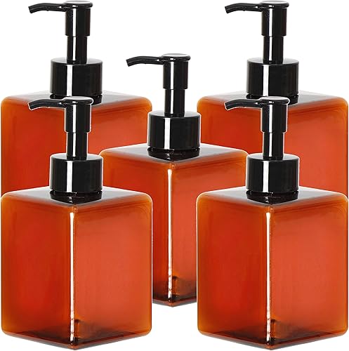 Youngever Paquete de 5 botellas cuadradas de plástico ámbar, botellas de bomba de plástico recargables para dispensar lociones y champús (12.2 fl oz)