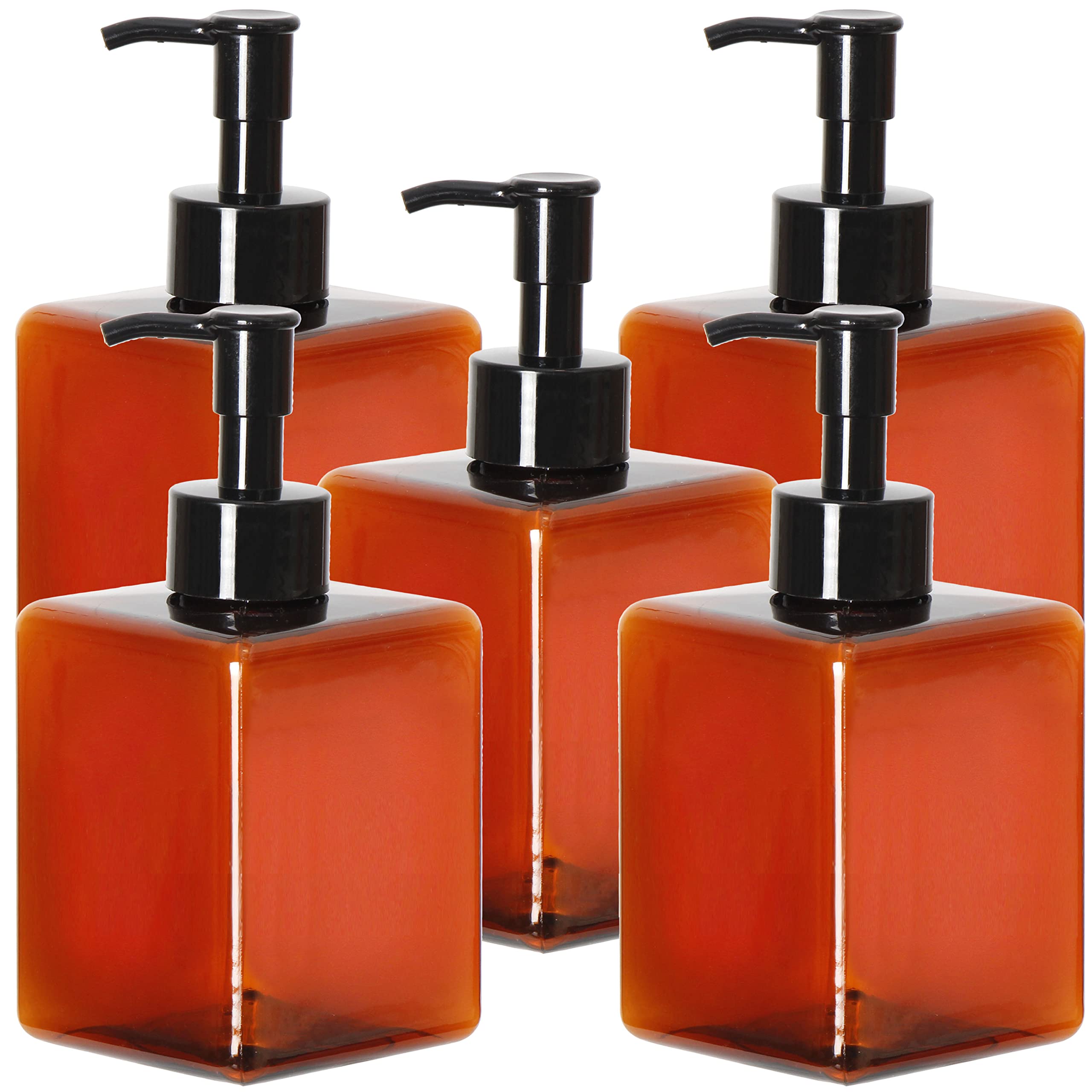 Youngever 350Ml 5 Pack Amber Plastic Square Pump Bottles, Refillable Plastic Pump Bottles For Dispensing Lotions, Shampoos(350Ml)