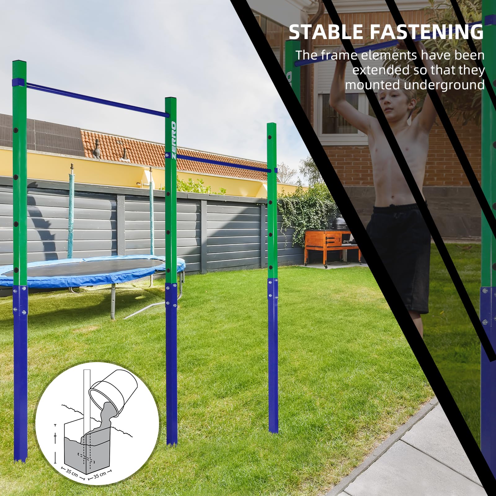 ZERRO Reckstange Outdoor Turnreck bis 150kg belastbar, Höhenverstellbar Doppelte Turnstange grün-blau