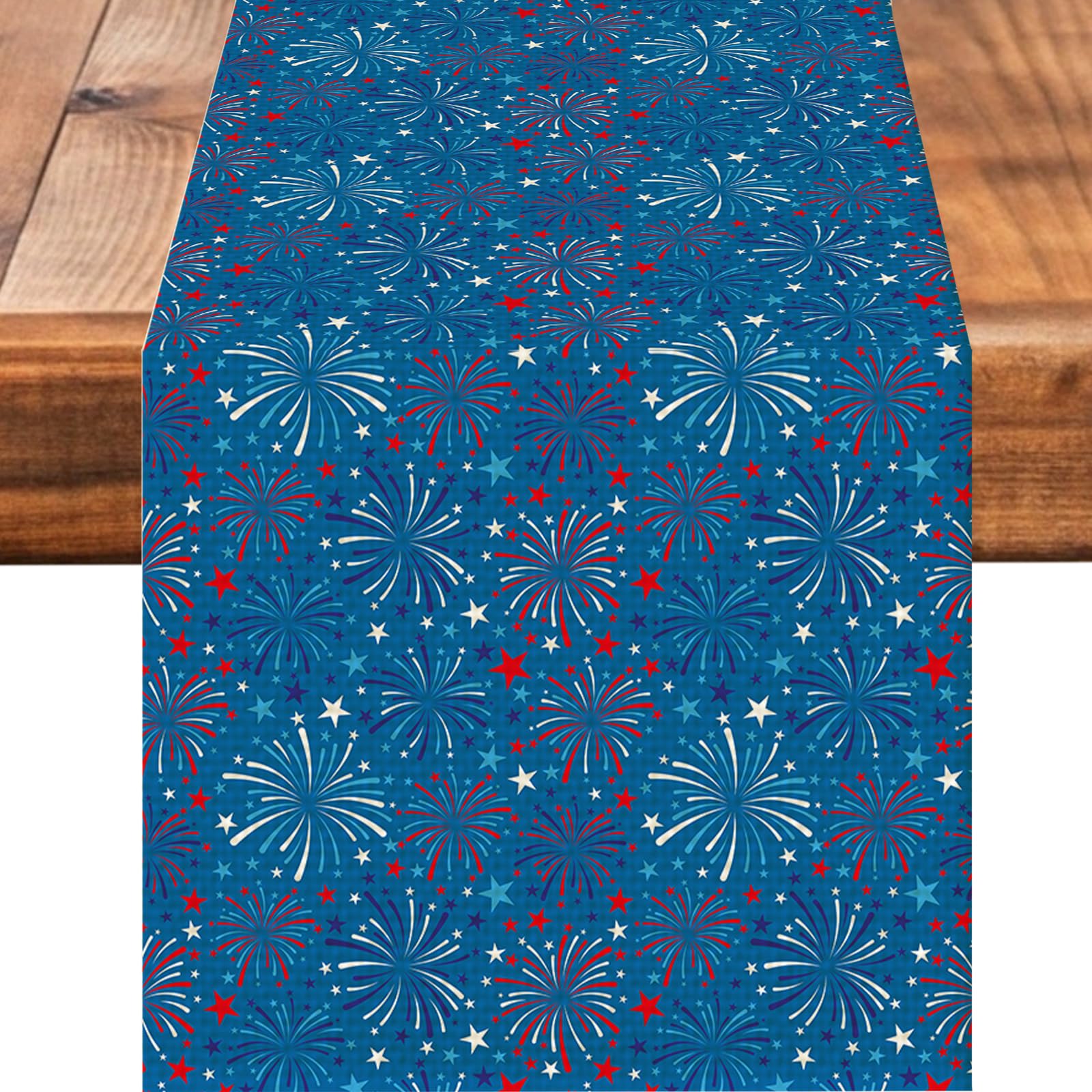 Photo 1 of 4July Blue Firework Burlap Table Runner Seasonal Spring Fall Kitchen Dining Linen Table Decoration for Indoor Outdoor Home Party Dinner 13x72 Inch
