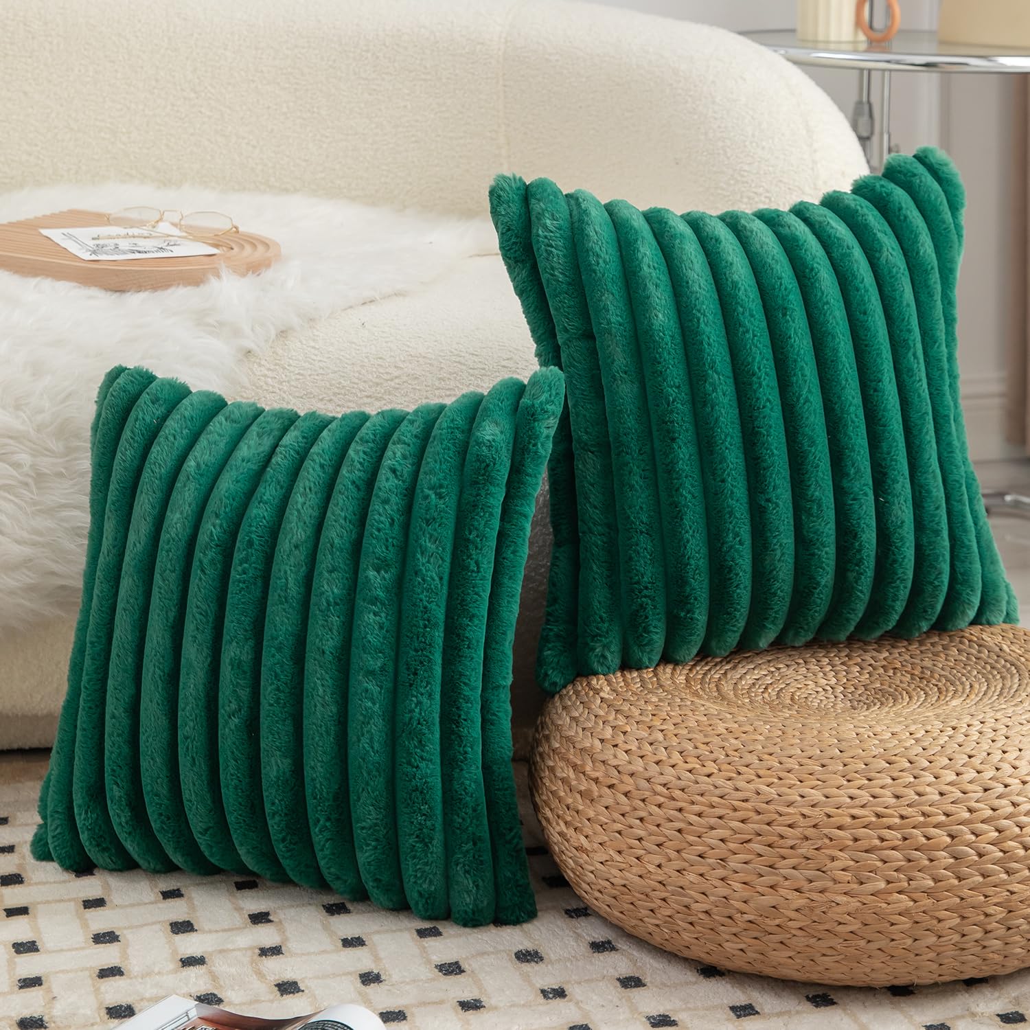 Mandioo Pack of 2 Decorative Cushion Covers 30cm x 50cm Faux Fur Striped Plush Soft Throw Pillow Covers Pillow Cases Bedroom Living Room Sofa Home 20x20 Inch Green - Image 4