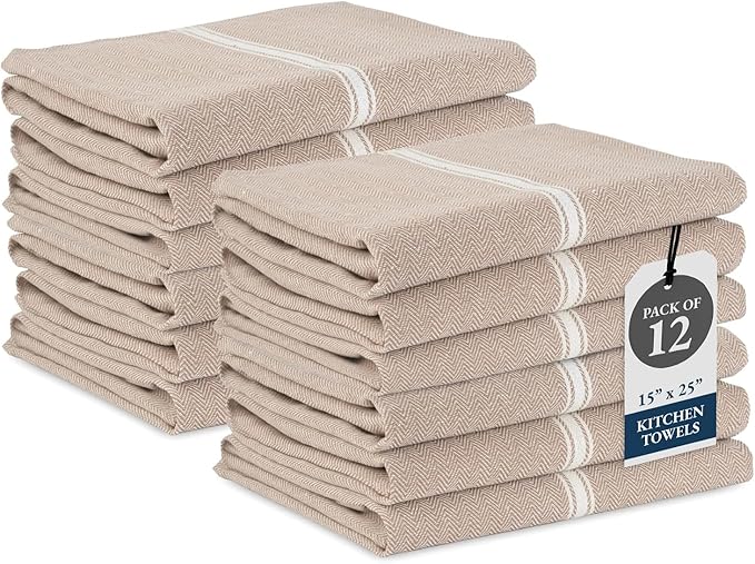 LANE LINEN Kitchen Towels Set - 100% Pure Cotton Dish Towels for Kitchen, Super Absorbent Kitchen Hand Towel, Tea Towels, Soft & Durable Dish Cloths, Pack of 12 – 14”x25”, Beige