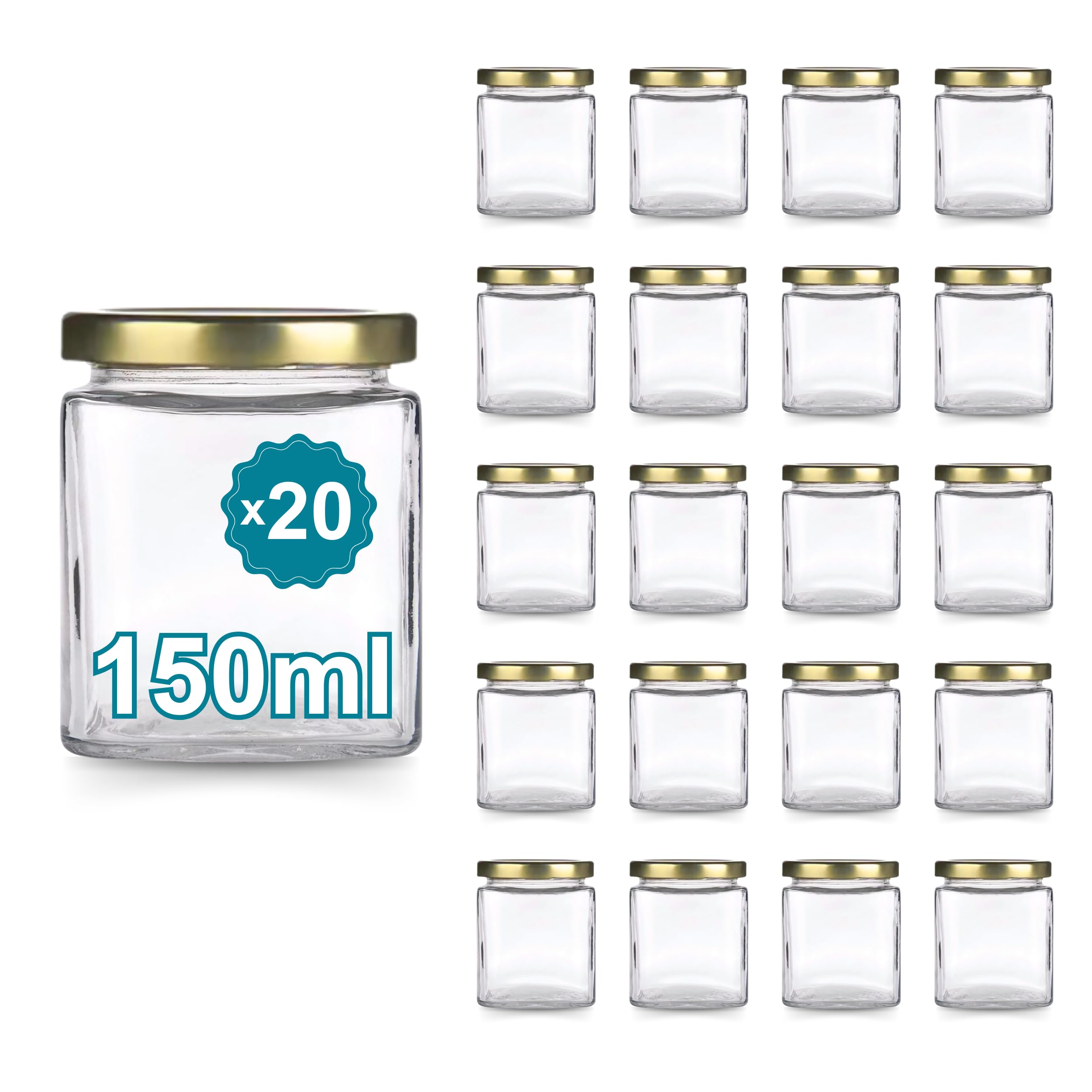 Espirito Rebelde 20 vasetti di vetro quadrati per spezie, 150 ml, con coperchio, barattoli portaoggetti da cucina, spezie, marmellata, yogurt