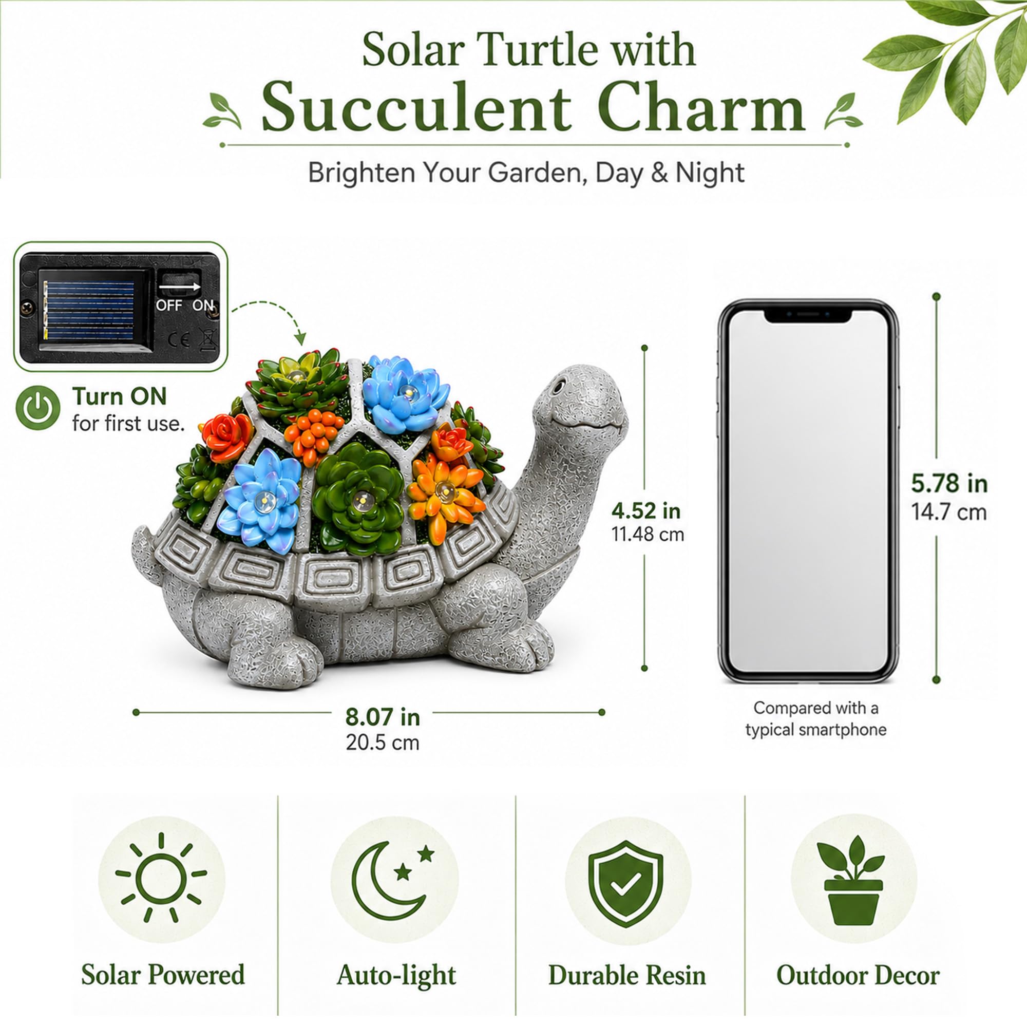 Nacome Solar Turtle Garden Statue - Succulent & 7 LED Lights, Outdoor Decor — Amazon image 7