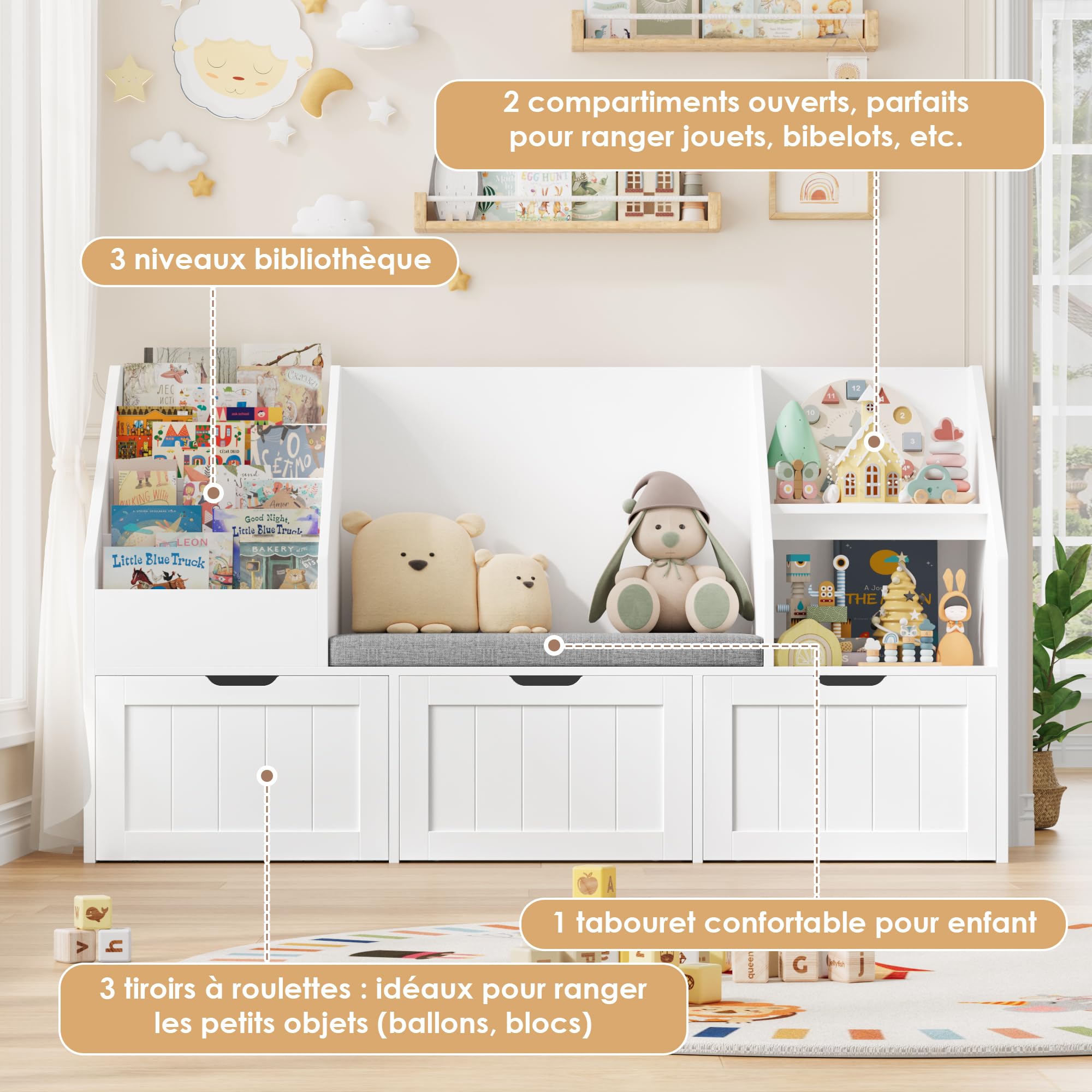 FOREHILL Meuble Rangement Enfant Bibliothèque Enfant avec Banc 9 Étagères 3 Tiroirs Roulants Coussin Amovible Rangement Jouet pour Chambre d’Enfants Salle de Jeu 140x39.5x80cm Blanc