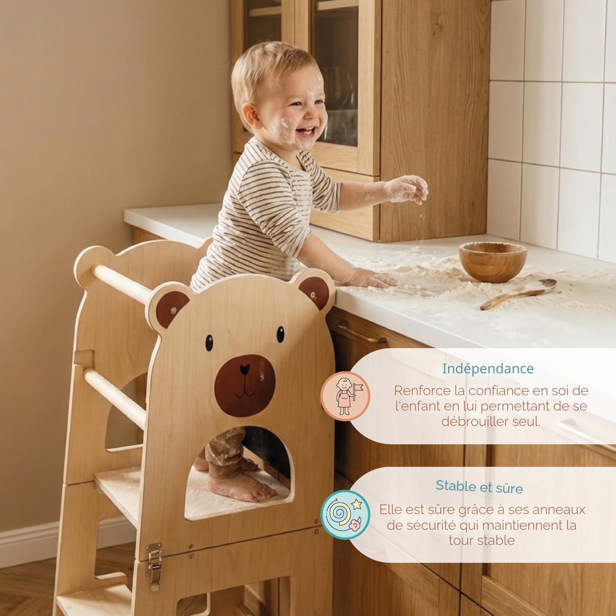 Buddy Baby Tour d'apprentissage Montessori Enfants Bureau Tabouret Convertibles Cuisine Bois Massif Barre sécurité Pliable