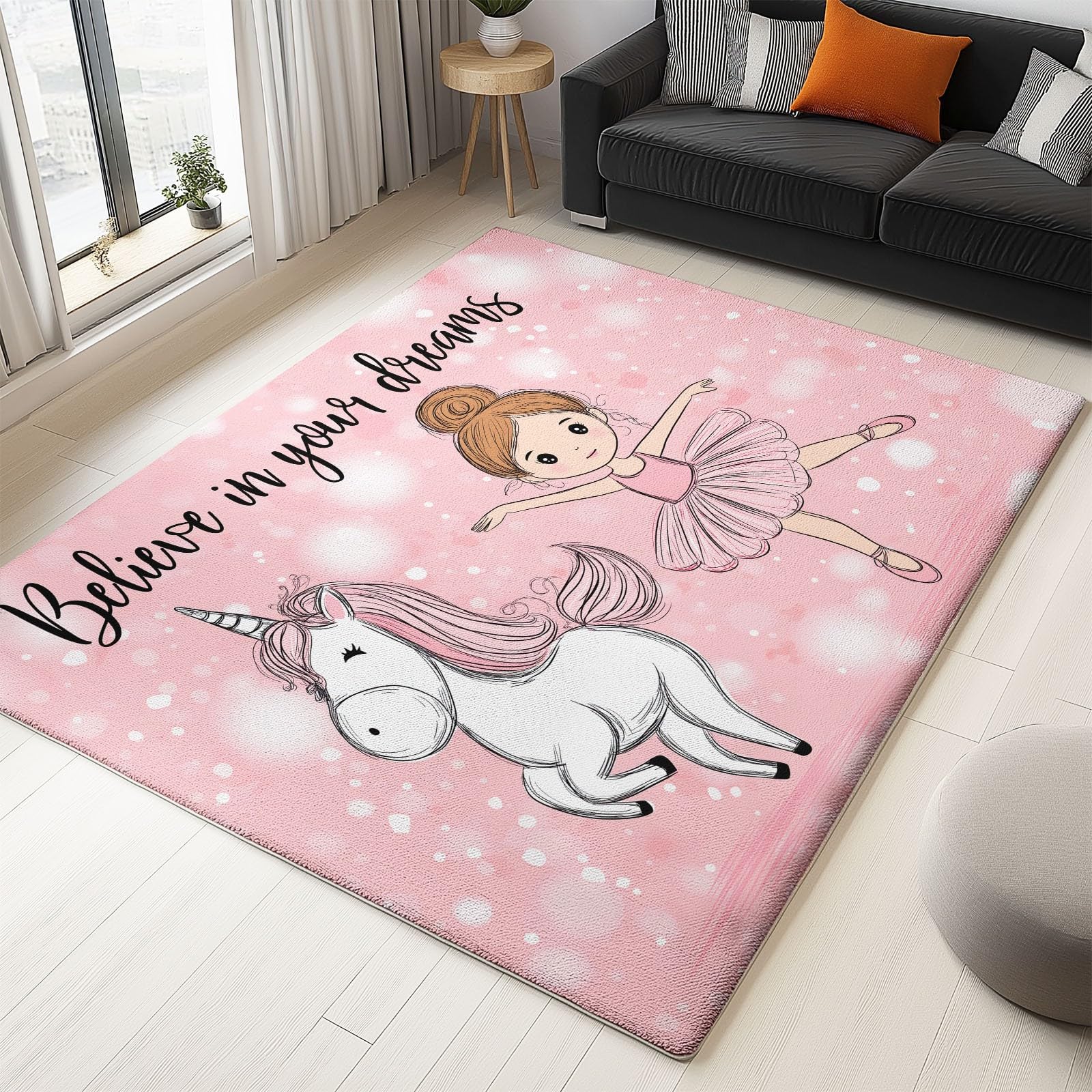Waschbarer Rutschfester Teppich 80 x 150cm, Süße Ballerina Mädchen und Einhorn, Leichte und Flauschig Matte, Strapazierfähig für Flur, Eingangsbereich, Wohnzimmer Kinderzimmer Teppiche Gegend