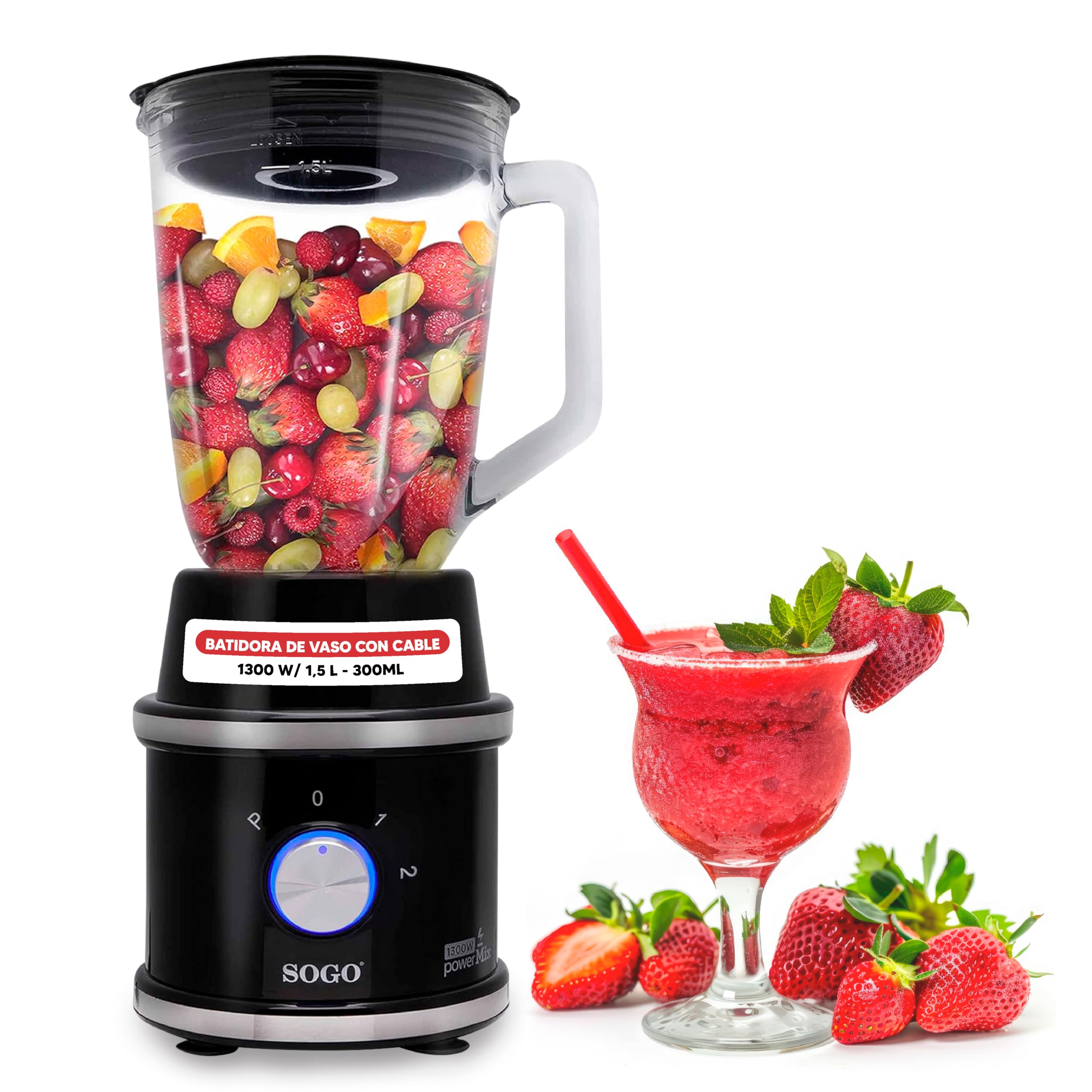 Sogo Blender stołowy, blender do soków, smoothies - maszyna do smoothies maker, rozdrabniacz do żywności ze szklanymi dzbankami 1,5 i 0,3 litra, 2 ostrza, 1300 W, czarny (SS-5545)