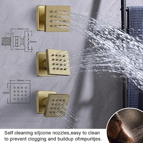 Miniatura 4 de Sistema de ducha termostático de oro cepillado, juego de grifo de ducha de 12 pulgadas montado en la pared, sistema de ducha de lluvia de cuerpo Oro