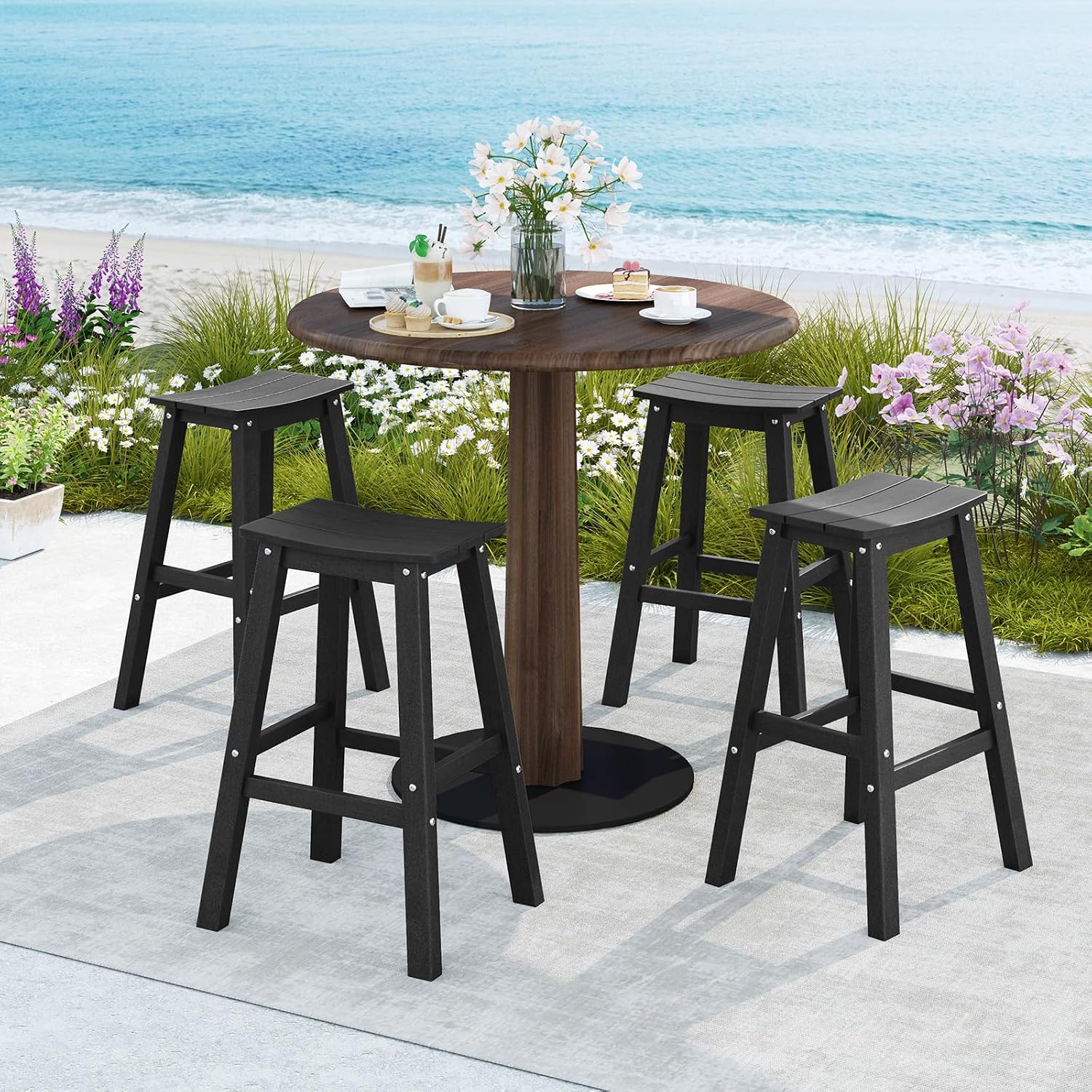 Tangkula Patio Bar Stools Set of 4, 29 Inch HDPE Bar Height Armless Saddle Stools with Curved Seat & Footrests, Outdoor Backless High-Top Slatted Barstools for Backyard, Lawn, Poolside (Black)