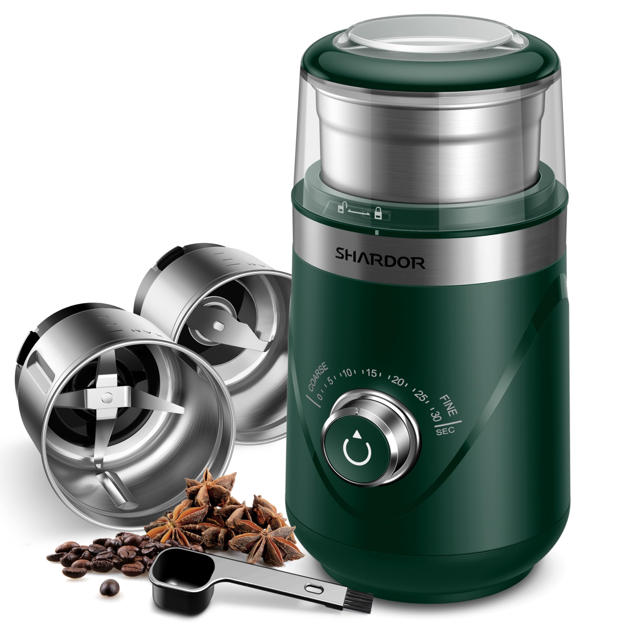 SHARDOR Electric Super Silent Blade Coffee Grinder, Timed Grind Control Rotary Knob, Adjustable Coarse to Fine for Coffee Beans, Spices &amp; Herbs, with 2 Removable Stainless Steel Bowl, Green