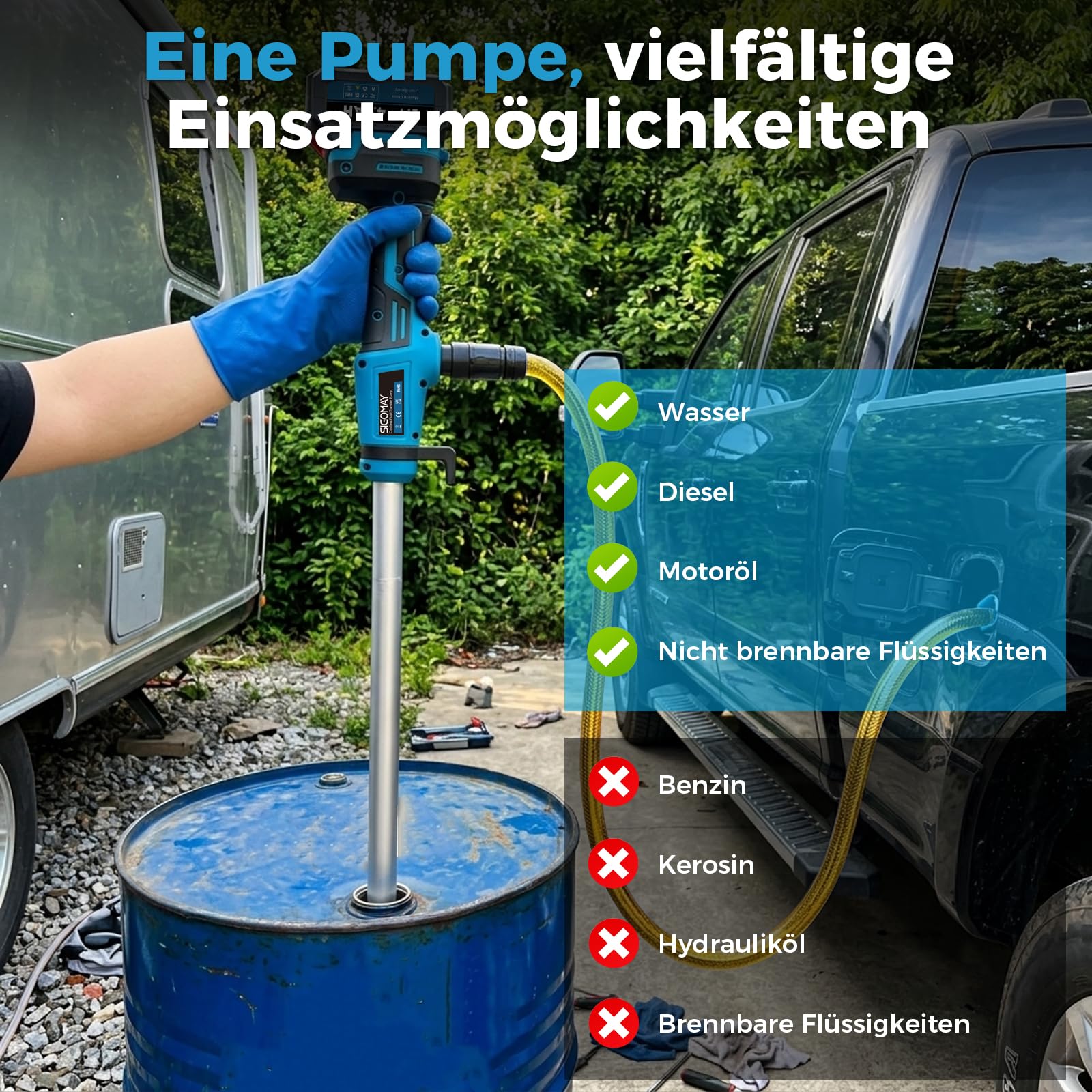 Akku Stab-Transferpumpe, Kompatibel mit Makita 18V LXT Akku, Elektrische Ölpumpe mit Digitalanzeige & Auto-Stopp, 2725 L/h, für Diesel, Wasser, Garten, Pool, IBC