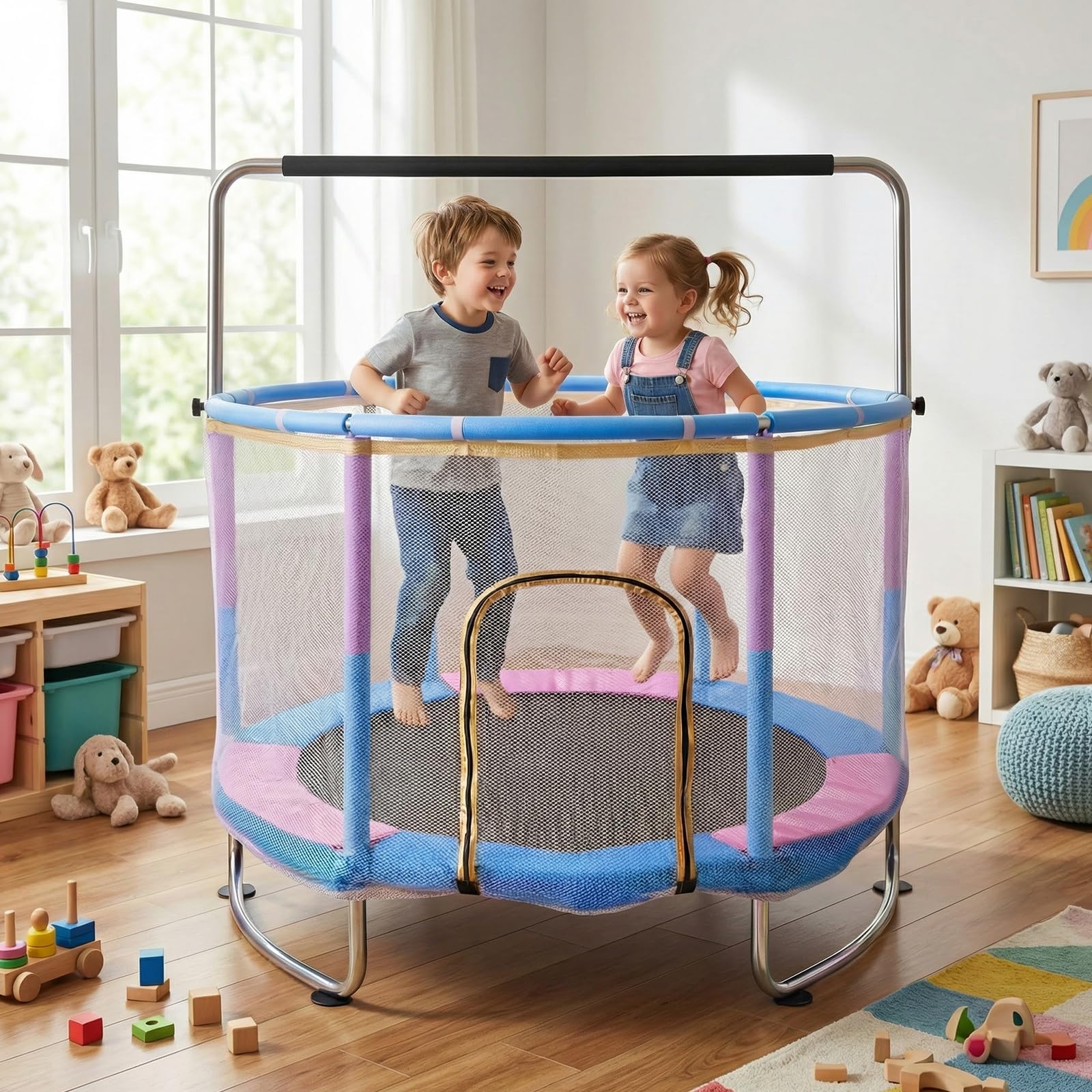 HLC Trampolin für Kinder, 150 kg Tragfähigkeit mit Turnstange, Schaukel, für Innen und Außenbereich.