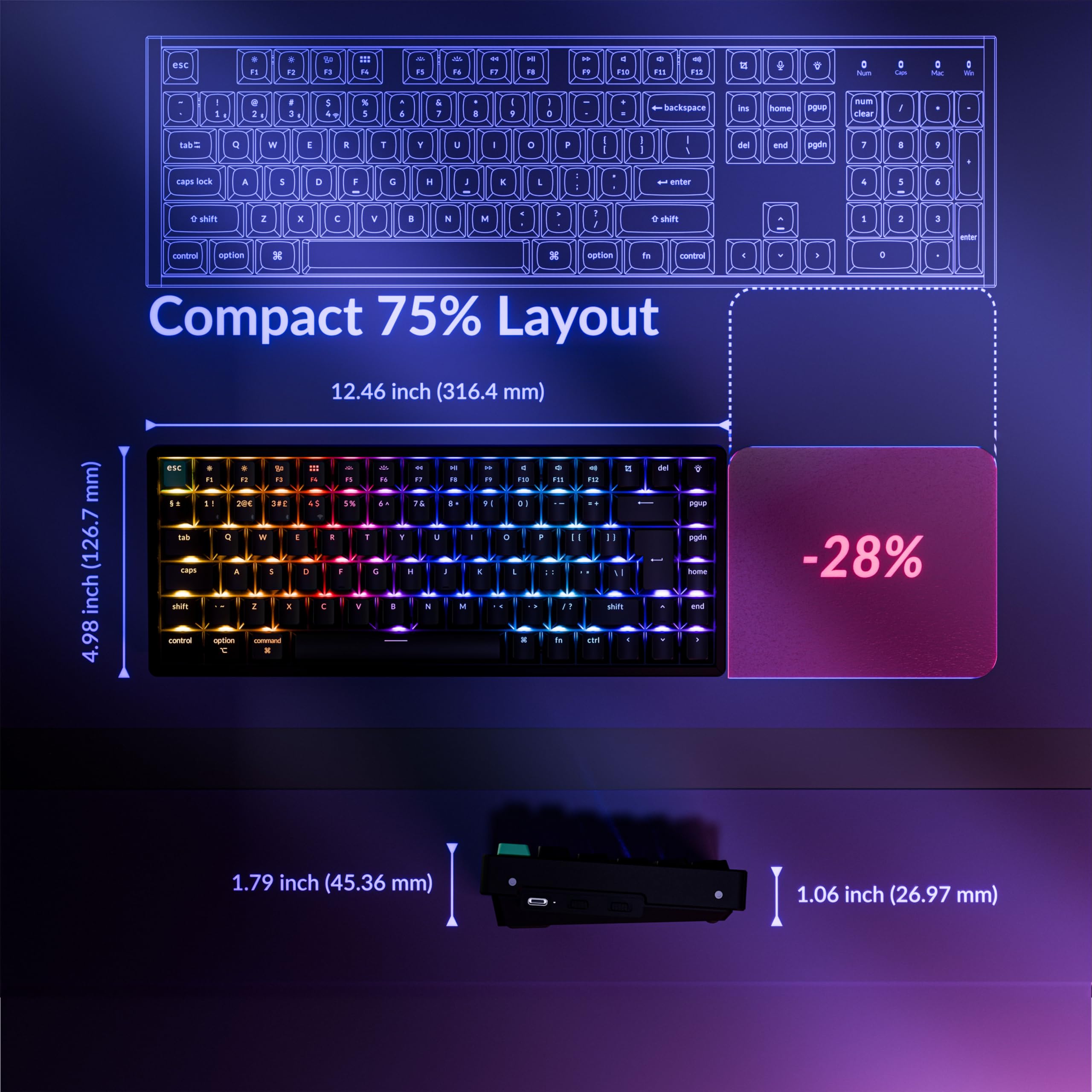 Keychron K2H-J1-UK tastiera Gaming USB + RF Wireless + Bluetooth QWERTY Inglese UK Nero (KEYCHRON K2H-J1-UK KEYBOARD) - Versione UK