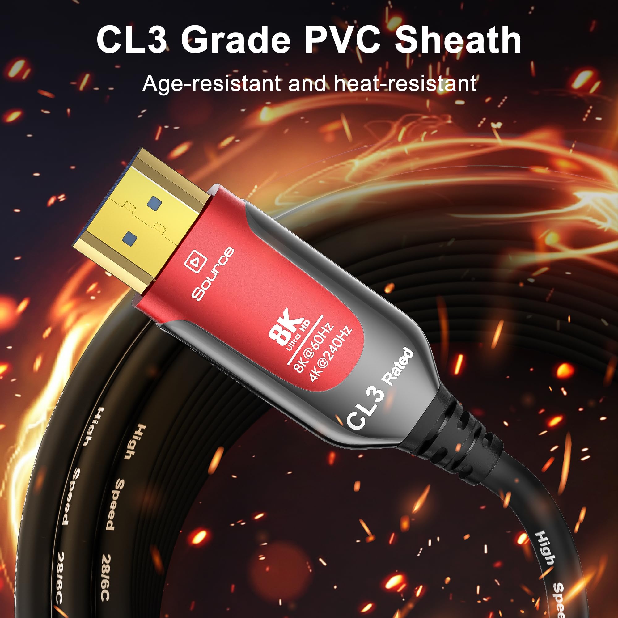 Cable HDMI 8K CL3, cable HDMI 2.1 largo de fibra óptica de 48 Gbps, cable HDMI 2.1 largo en pared CL3 para tuberías, 8K a 60Hz 4K a 240Hz dinámico eARC/HDCP 2.2 y 2.3 compatible con HDTV, consolas de