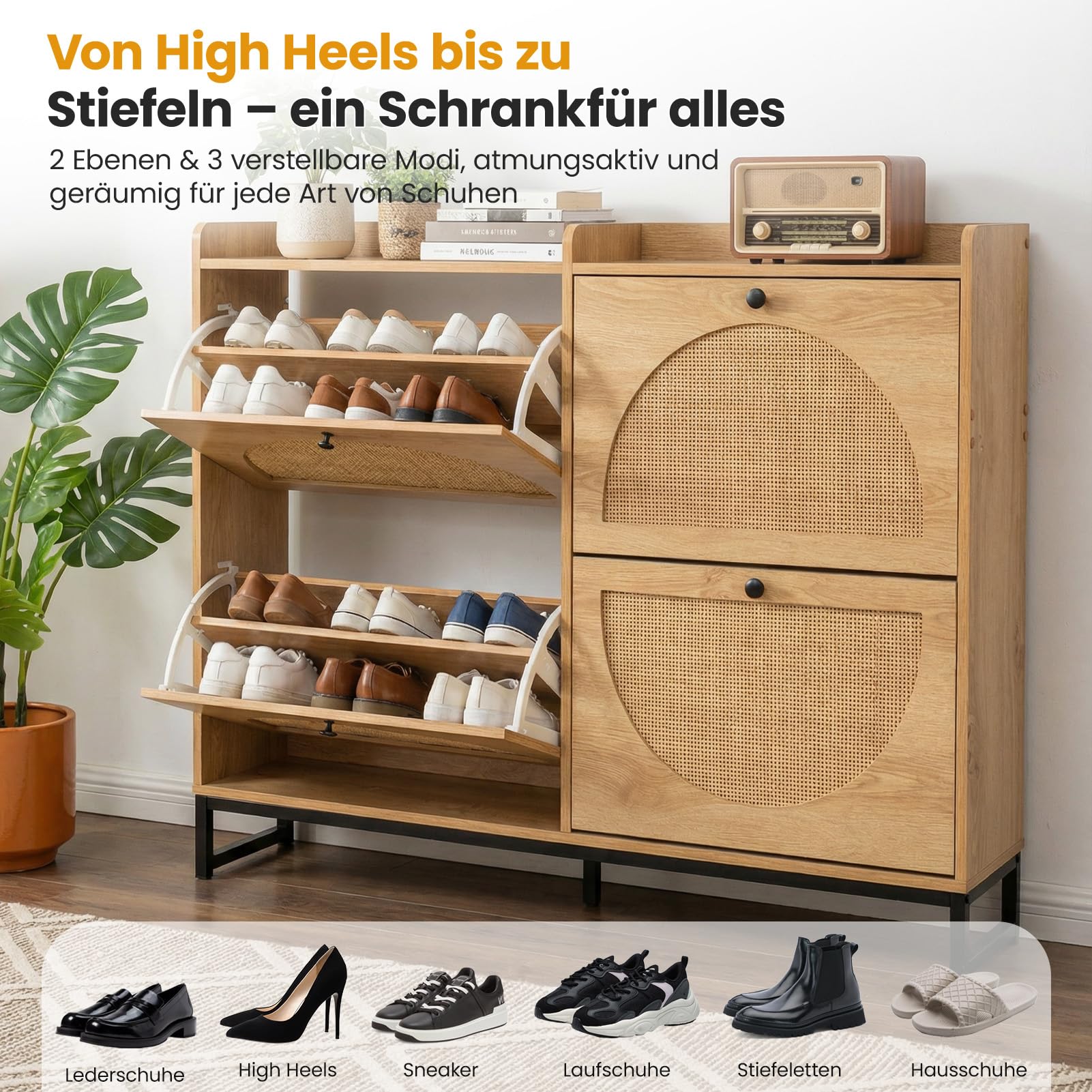 Rattan Schuhschrank Schmal, 2/4 Klapptüren, Platzsparender Schuhkipper mit verstellbaren Böden, 23,8 cm tief, Kippsicherung, Großer Schuhschrank für Eingang, Flur, Wohnzimmer (4 Klappen)