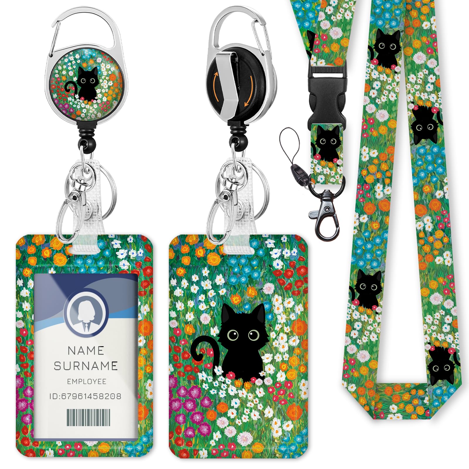 Gctriki Lanyards for Id Badges and Keys, Black Cat Flower Id Badge Holder, Cute Retractable Heavy Duty Badge Reel with 360 Degrees Rotate Carabiner