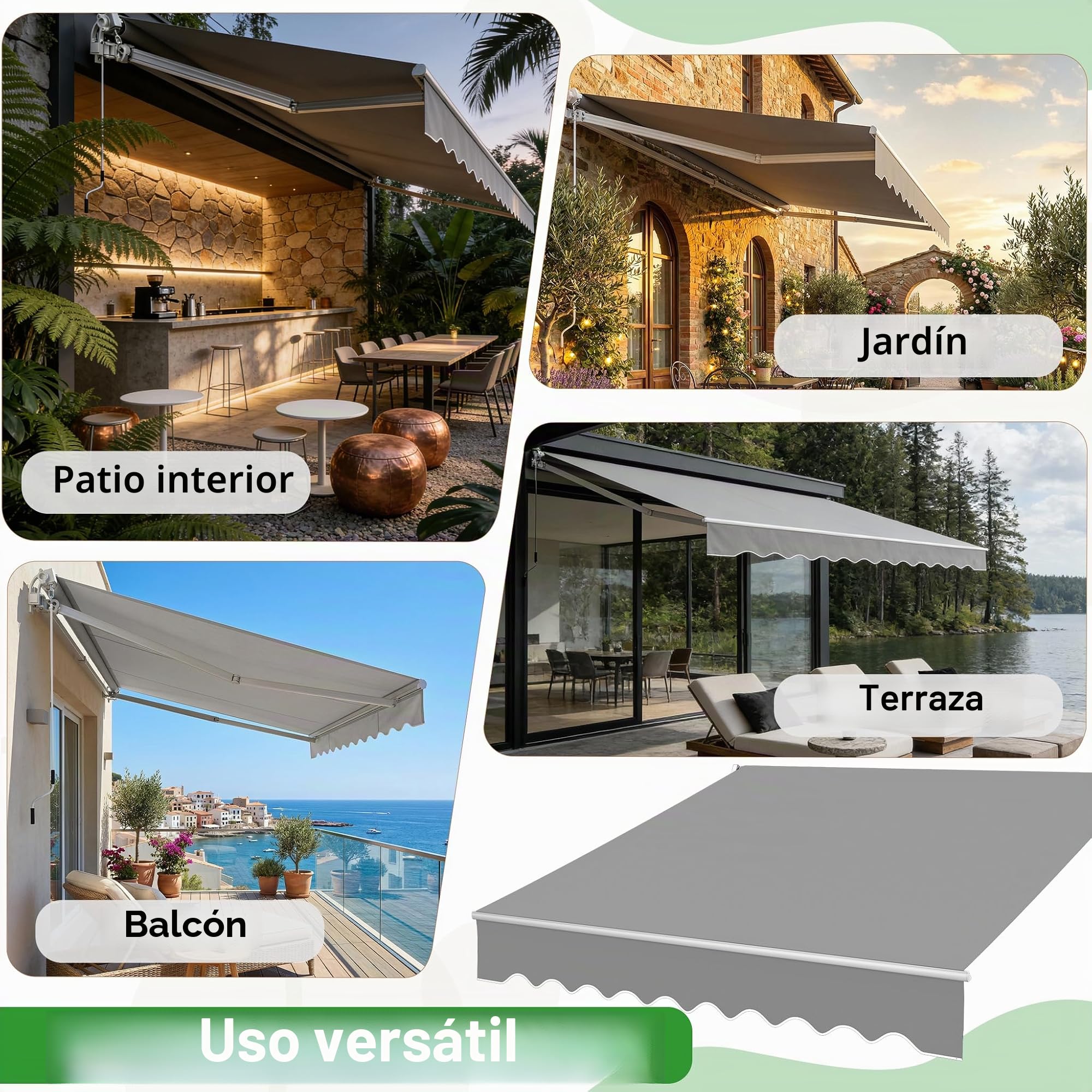 UISEBRT Toldo para balcón, 360 x 300 cm, con brazo articulado, toldo con abrazadera, protección solar, gris claro