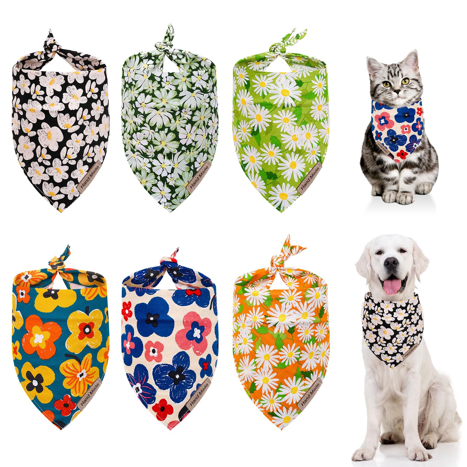 Yanmucy Bandana para Perro, Paquete de 6 bandanas Florales para Perros Grandes y medianos, Baberos Ajustables de Verano, Bufanda Triangular, pañuelo para Perros y gatos (6, Margaritas)