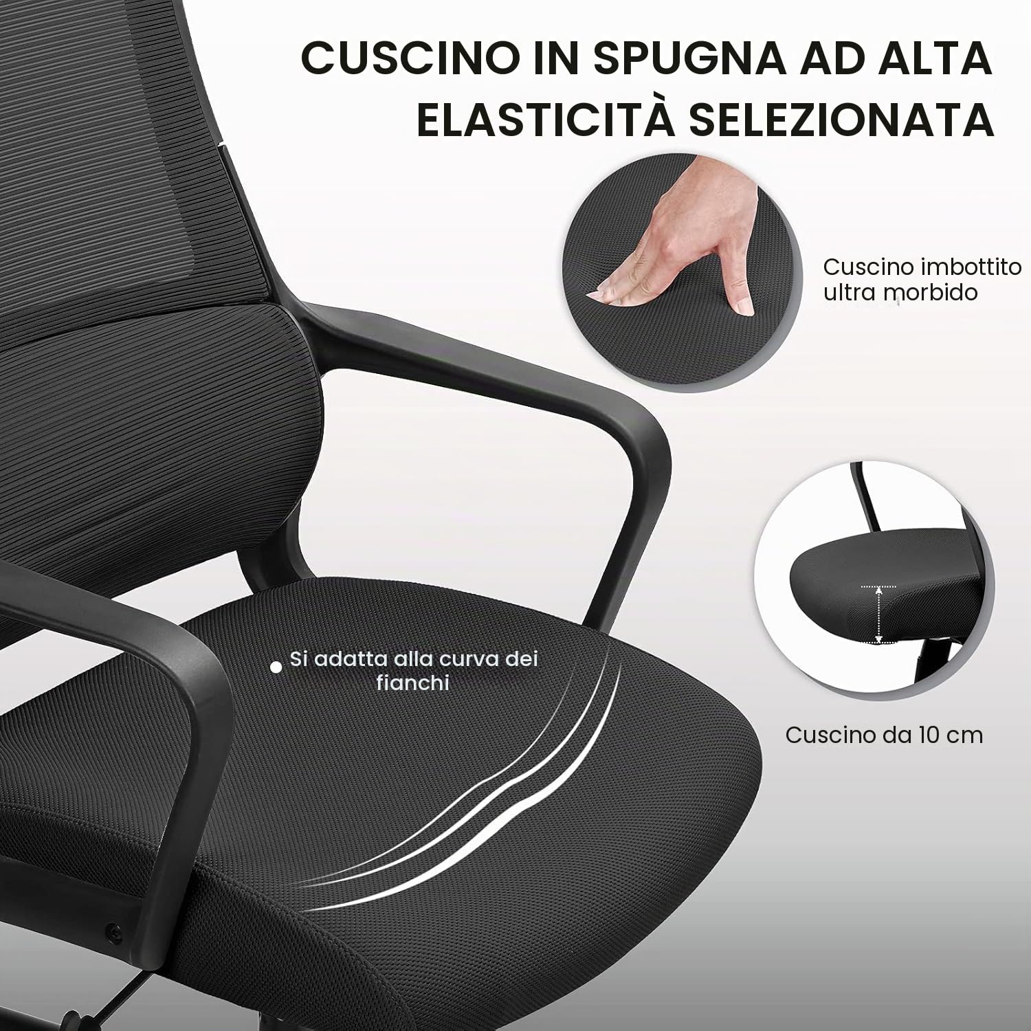 MELOKEA F008 Sedia da Ufficio Ergonomica Direzionale Schienale Alto in Rete Ultra Traspirante. Supporto Lombare Ortopedico a S Certificato EN 1335 e Poggiatesta 6cm Regolabile. Carico 150kg Nero