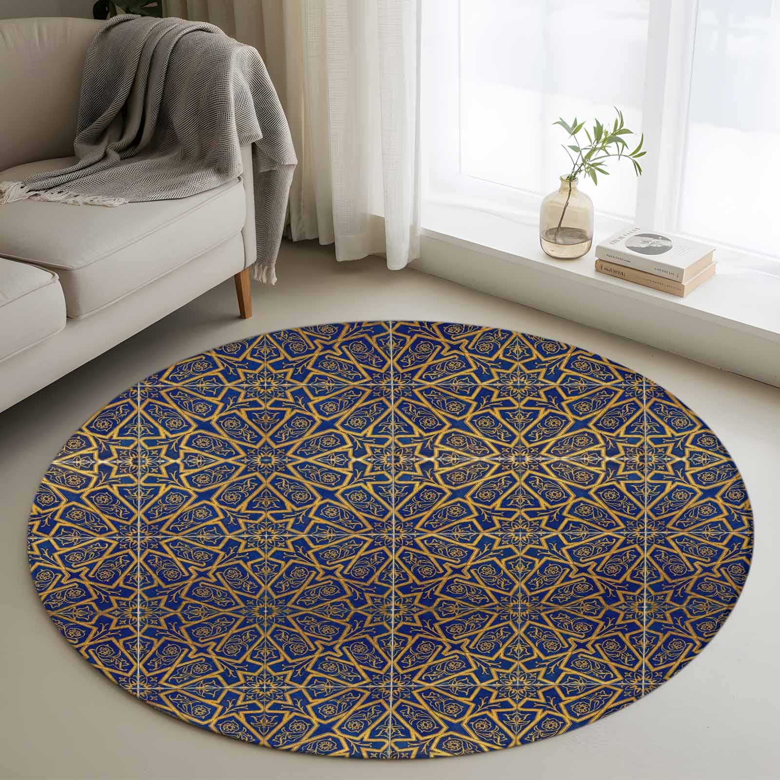 Round Rugs 3ft, Vintage Brown Non Slip Washable Rug Runner, Retro Abstract Mediterranean Style Art Low Pile Indoor Floor Carpet Mat Bathroom Rugs for Living Room, Bedroom, Kids Room