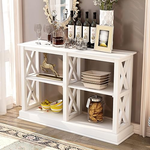 LUMISOL Mesa consola estrecha con estantes de almacenamiento y estantería de diseño en forma de X, mesa de entrada industrial, color blanco