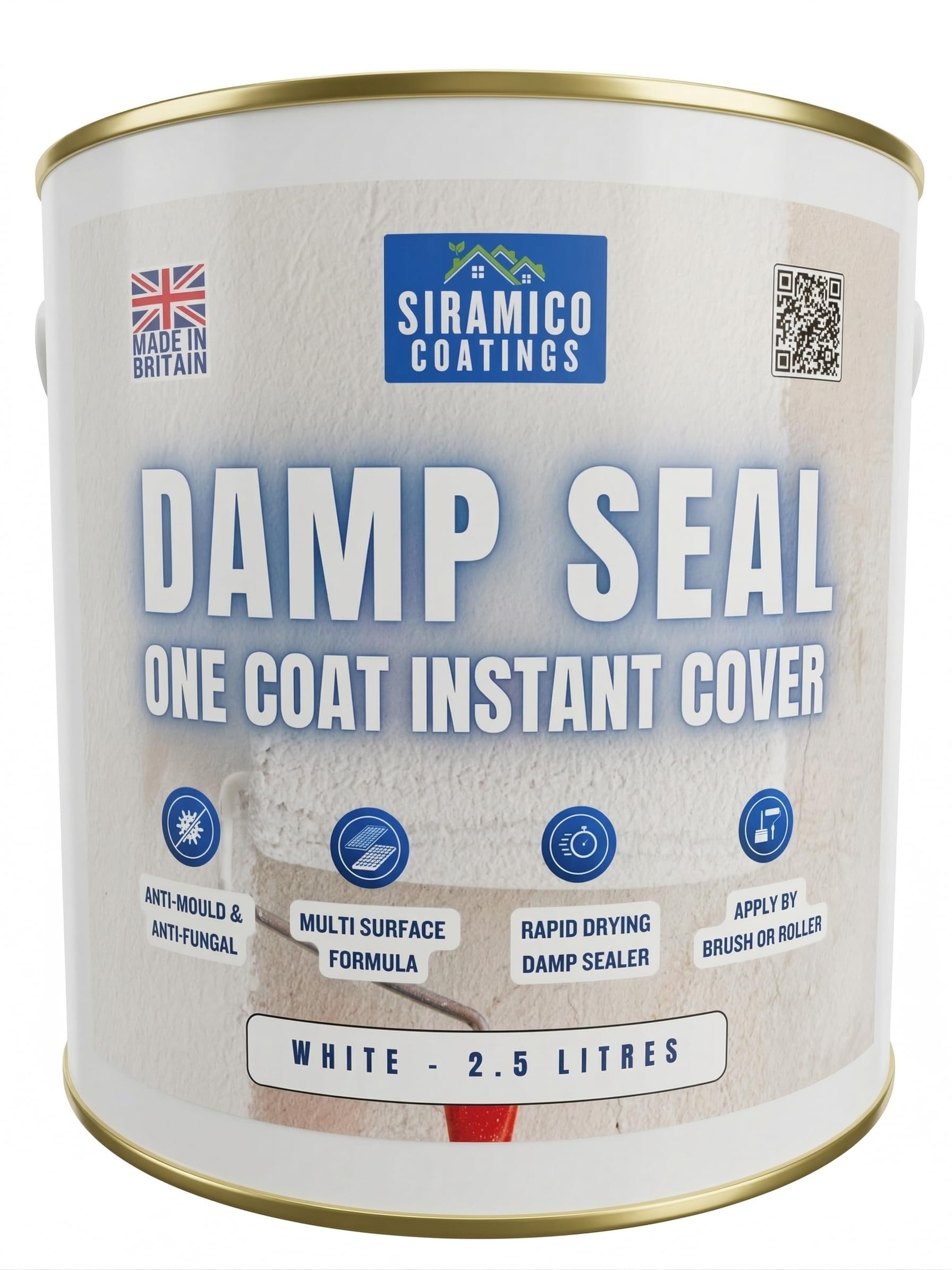 Siramico Coatings The Dampseal One Coat | 2.5 Litres I Seals Damp And Mould Stains In One Coat By Brush Or Roller (White) 5065020319315