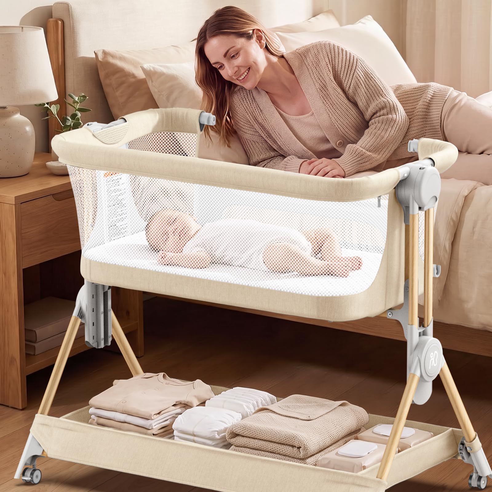 ANGELBLISS Baby Bassinet, 3-in-1 Bedside Sleeper, One-Click Foldable Crib