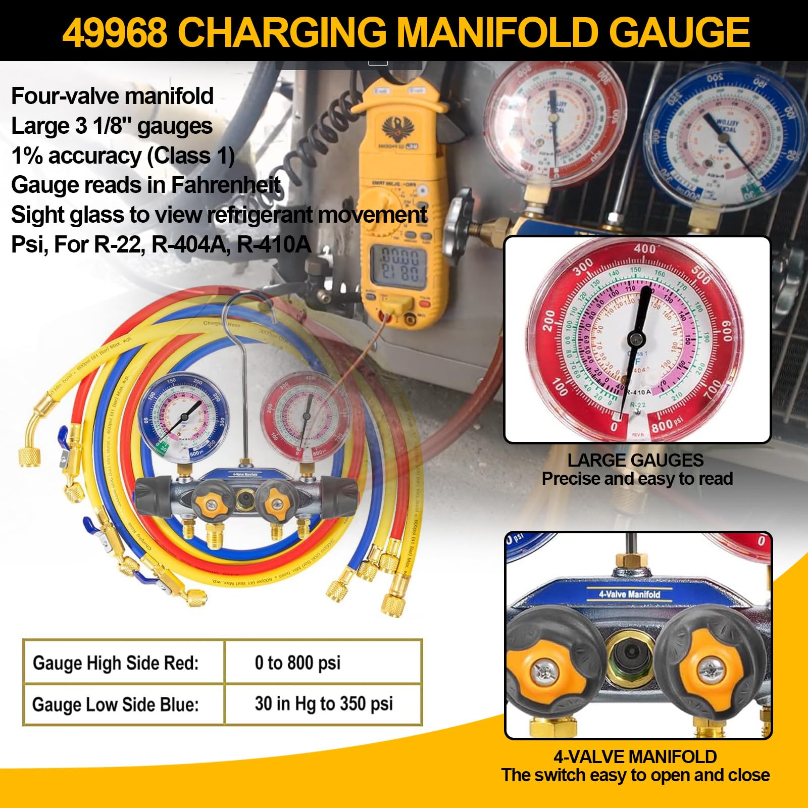 49968 Charging Manifold And 4 Valve Test, A/C Manifold Gauge Tool Set, With 60" Hoses And 3/8" X 45° Compact Ball Valve Hose Set, R22/404A/410A Refrigerants, Red/Blue Gauges