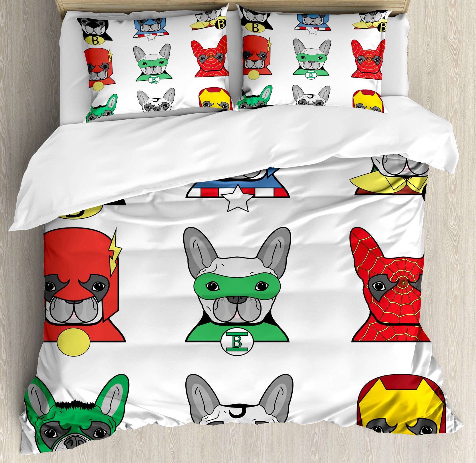 Ambesonne Superhero Duvet Cover Set, Bulldog Superheroes Fun Cartoon Puppies in Disguise Costume Dogs Print, Decorative 3 Piece Bedding Set with 2 Pillow Shams, Queen Size, White Grey