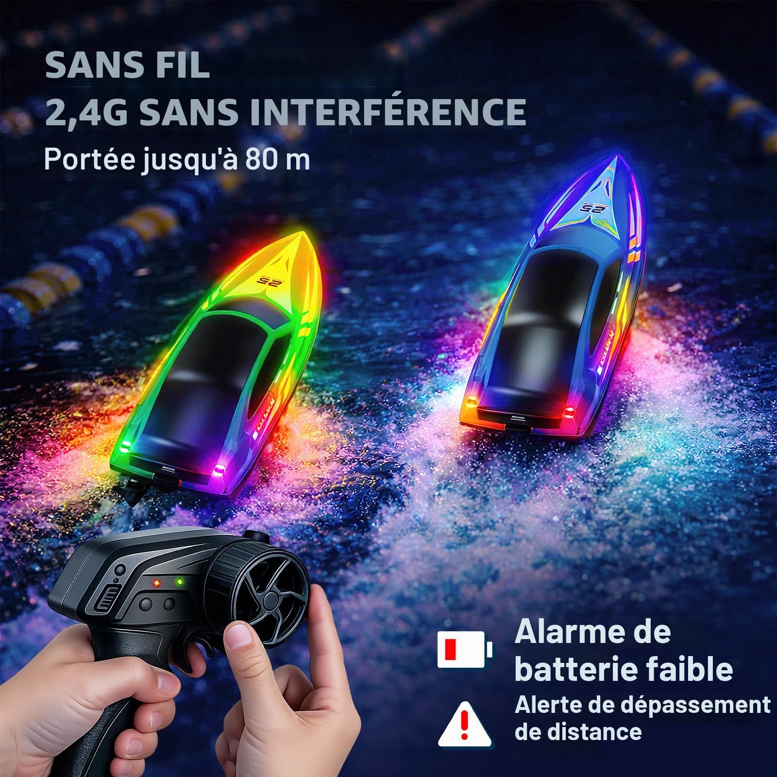 Bateau télécommandé RC avec LED 7 modes, vitesse 15km/h, télécommande 2.4GHz,alertes batterie faible et hors portée, 2 batteries, auto-redressement, cadeau garçons et filles, piscine et lac.—bleu