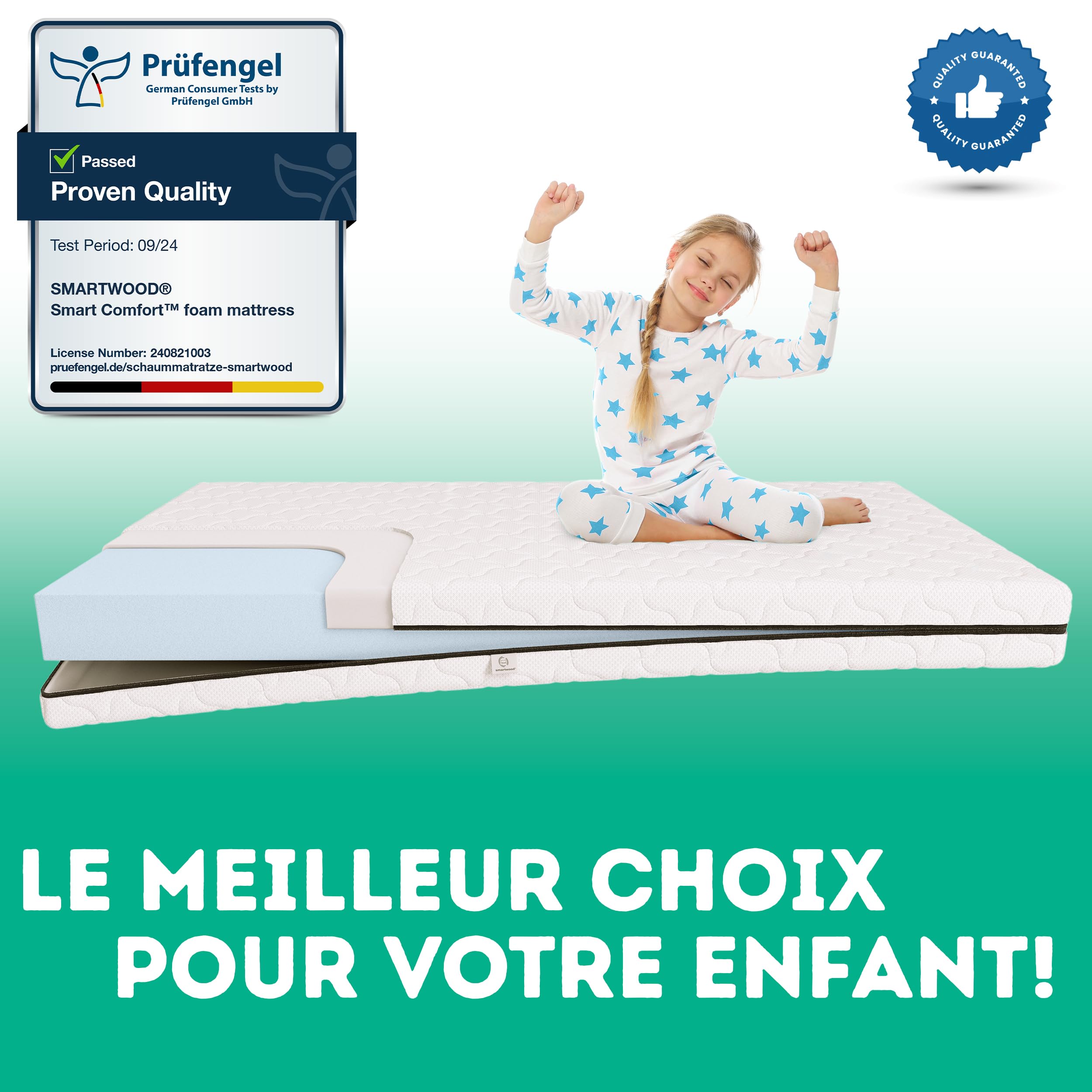 smartwood Matelas 80x150 Enfant - Mousse Matelas 9 cm - Mi-fermé H2 Certifié Oeko-TEX - Réversible - Housse Lavable Anti-Allergique et Respirante | Made in EU