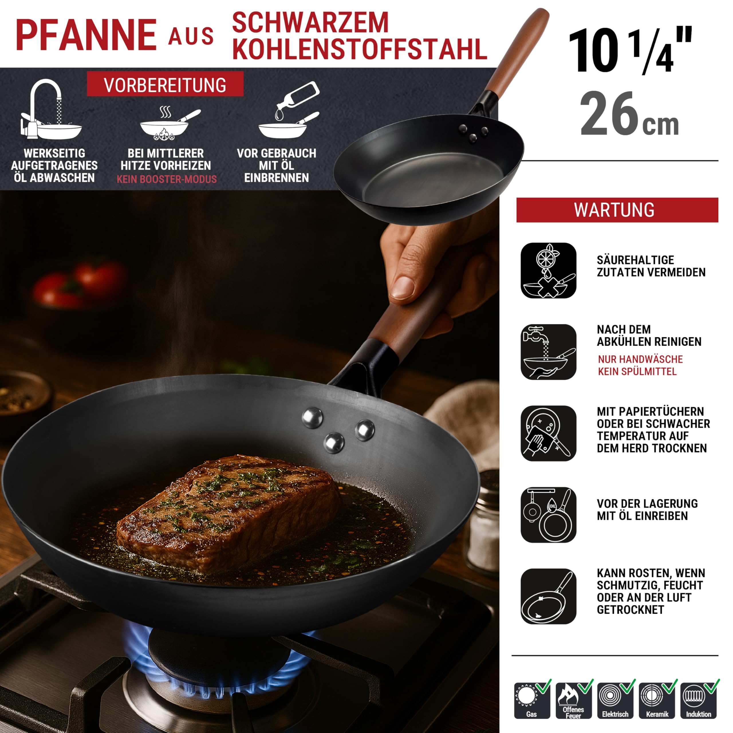 YOSUKATA Carbonstahl Pfanne - 26-cm-Bratpfanne - Pfanne alle Herdarten | Beschichtungsfreie Karbonstahlpfanne - Robuste Kohlenstoffstahl-Pfannen mit Abnehmbaren Griff - Hitzebeständigem Holzgriff