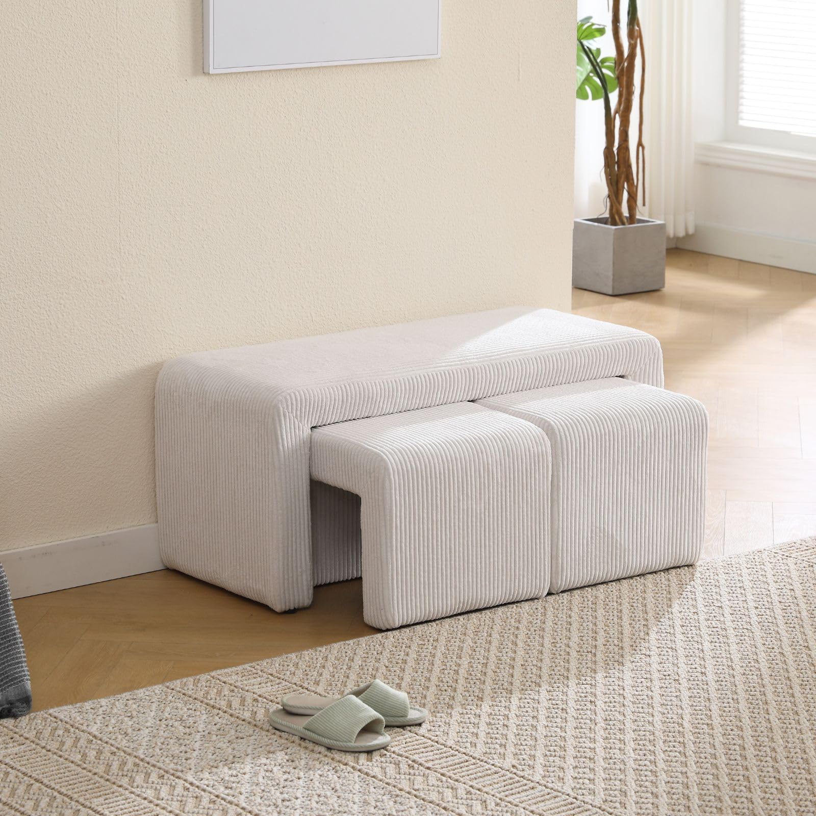 Wahson Banco de Entrada Moderno Banco de Recibidor Interior,Banco Otomano de Cama Elegante Banco Corderoy con 2 Reposapies para Salón/Dormitorio,Blanco