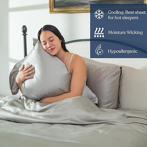 Miniatura 3 de Delara Juego de sábanas bajeras de 3 piezas de 100 % eucalipto lyocell Tencel, enfriamiento natural, súper suave, sedoso, absorbe la humedad, suave