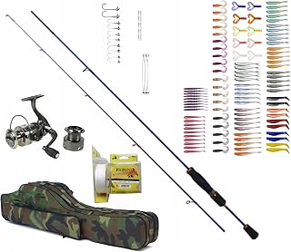 Juego de spinning balístico ultra ligero: caña de pescar de 1,81 m (1-7 g), carrete de línea de pesca, bolsa y juego de cebos de goma. Juego profesional de perca y trucha - ligero, sensible y listo