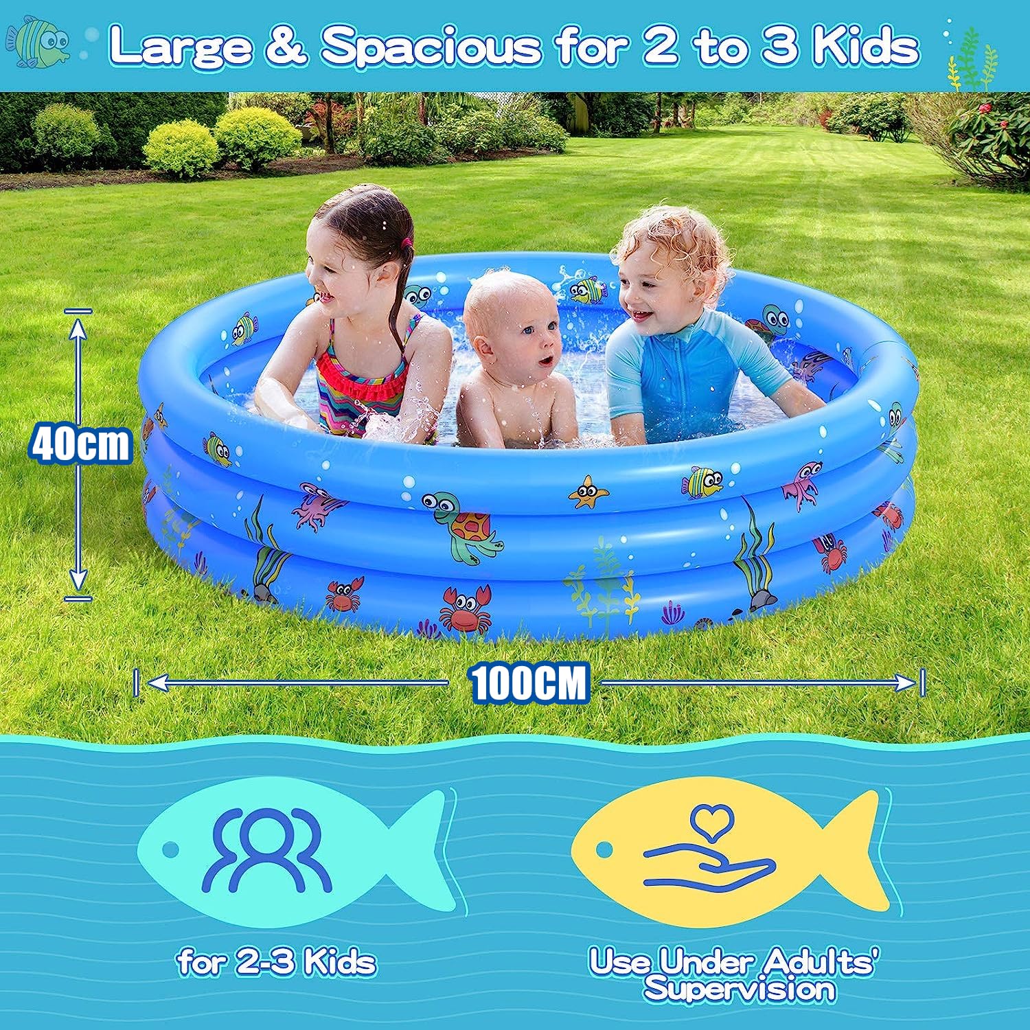 LATERN Piscinas Infantiles para Niños, 100CM x 40CM Piscina Inflable para Bebés PVC 3 Anillos Piscinas con Bañera Antideslizantes para Niños Familia Exterior Jardín Patio Interior Agua Juego (Azul)