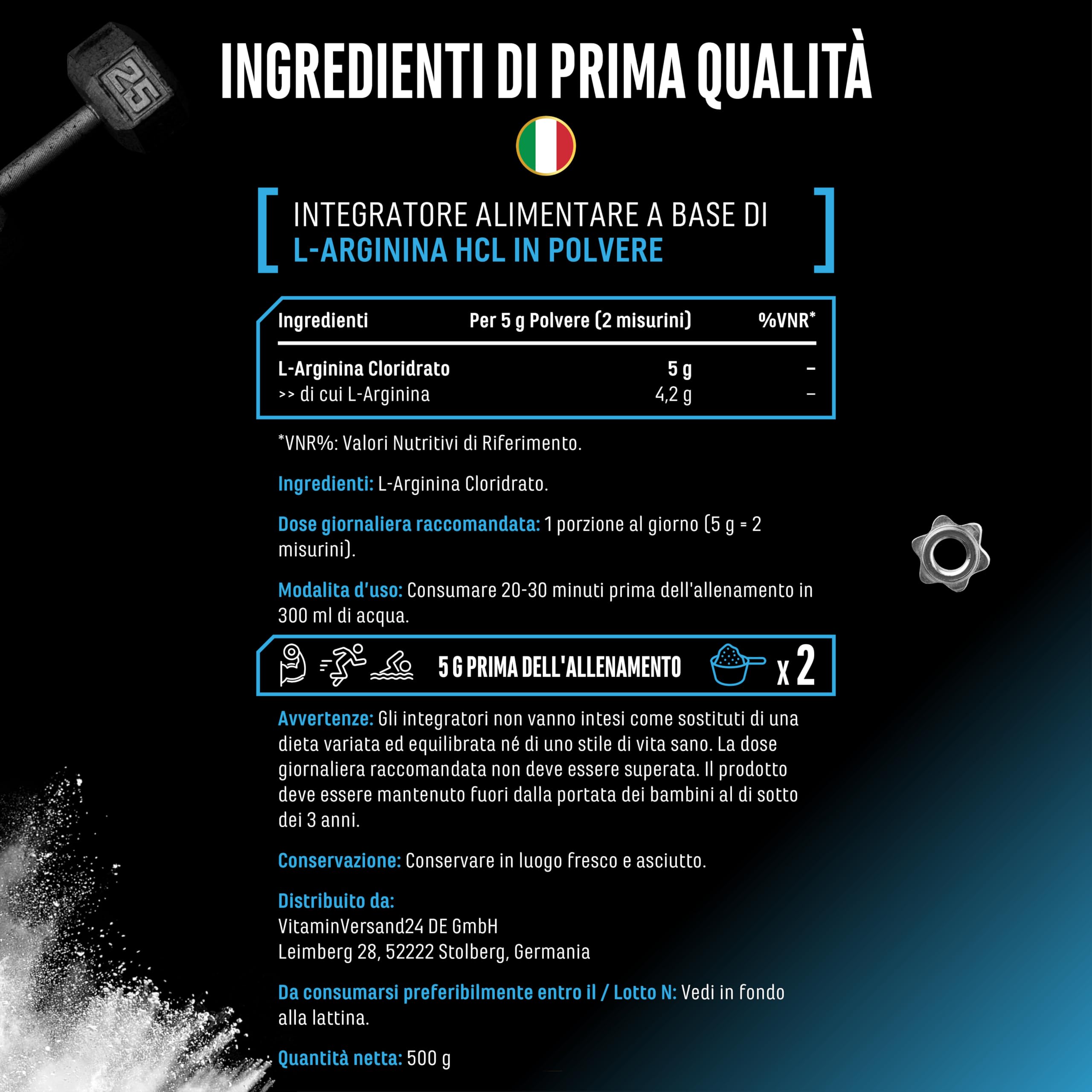 L-Arginina HCL - 500 g in Polvere - L-Arginina Cloridrato - Premium: Aminoacidi Vegetali - Solubilità Ottimale - Polvere Pura Senza Additivi - Vegano